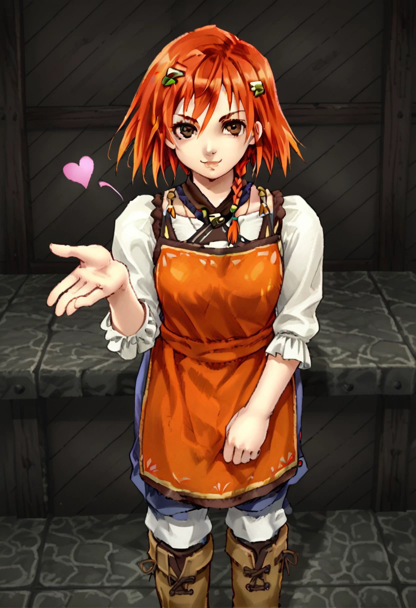 1girl,solo,brown eyes,orange hair,short hair,side braid,apron,shorts,shirt,boots,standing,facing viewer,looking at viewer,smiling,portrait,winking,blowing kiss, heart