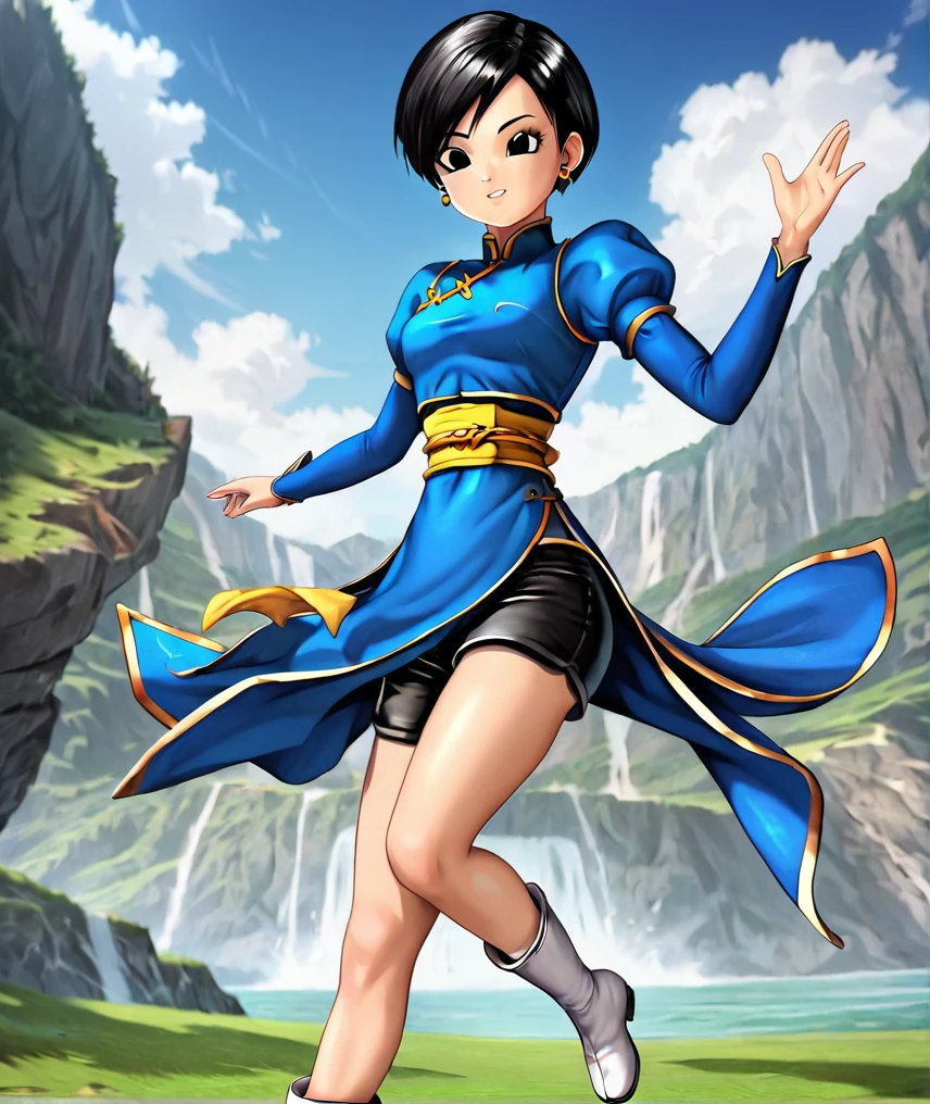 <lora:Viola_Dragon_Ball_Heroes:1> viola, short hair, earrings, black hair, black eyes,  chinese clothes, black shorts, white boots, puffy shoulders, detailed eyes, detailed face, detailed hands, <lora:detailed_notrigger:1>, (masterpiece), (best quality), (ultra-detailed), (best illustration), detailed face, skin pores, detailed skin, detailed eyes, high quality eyes, good quality hands, high resolution, great anatomy, high quality, highres,