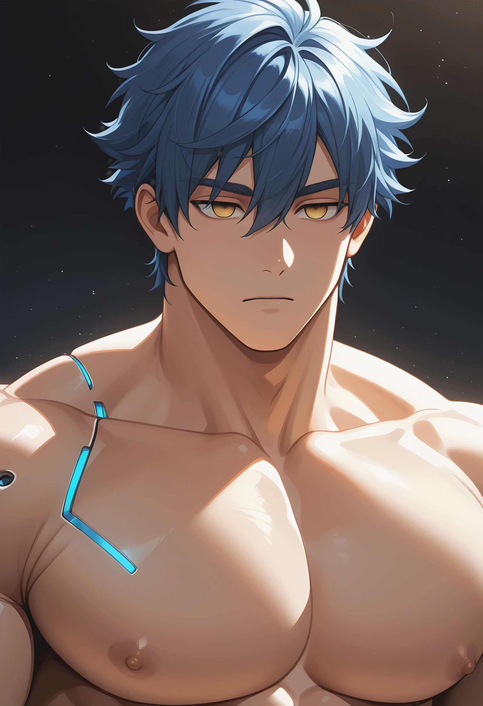 <lora:V2 CartoonyMen:1.4>, masterpiece, best quality, newest, 1boy, solo, male focus, masculine, (Cartoony), thick outlines, portrait, blue hair, (bangs), hair between eyes, yellow eyes, empty_eyes, android, mechanical_arms, robot, muscular male, bodybuilder, large pectorals, shirtless, plump pecs, male breasts, perfect proportions, perfect anatomy, manly, handsome, macho, hunk, masculine, anime, BREAK
simple background, back lighting, light particles, dramatic lighting