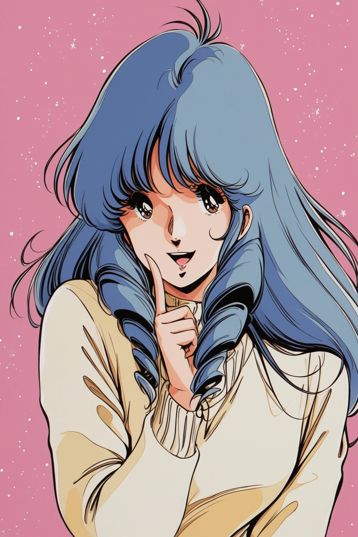 Lynn Minmay,1girl,blue hair,solo,long hair,sweater,brown eyes,open mouth,white sweater,smile,retro artstyle,upper body,1980s \(style\),star \(sky\),drill hair,long sleeves,looking at viewer,
<lora:Haruhiko Mikimoto_illustriousXL:1>,