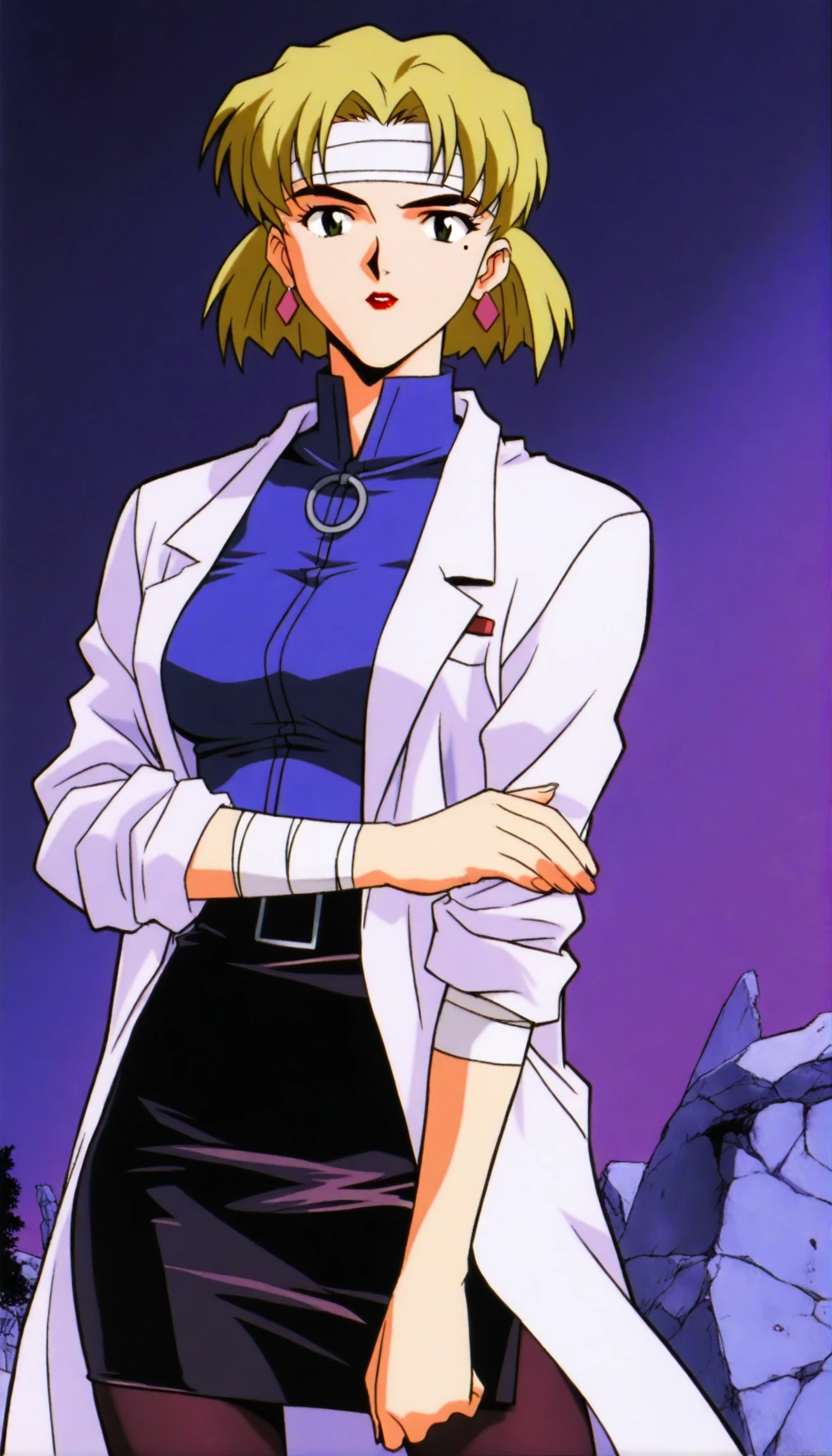 Akagi Ritsuko il,1girl,solo,1990s \(style\),mole under eye,mole,jewelry,earrings,blonde hair,Bandages on the head,looking at viewer,lipstick,labcoat,leather skirt,miniskirt,black pantyhose,cowboy shot,parted lips,ruins,<lora:Akagi Ritsuko il:0.9>,masterpiece,best quality,absurdres,highres,