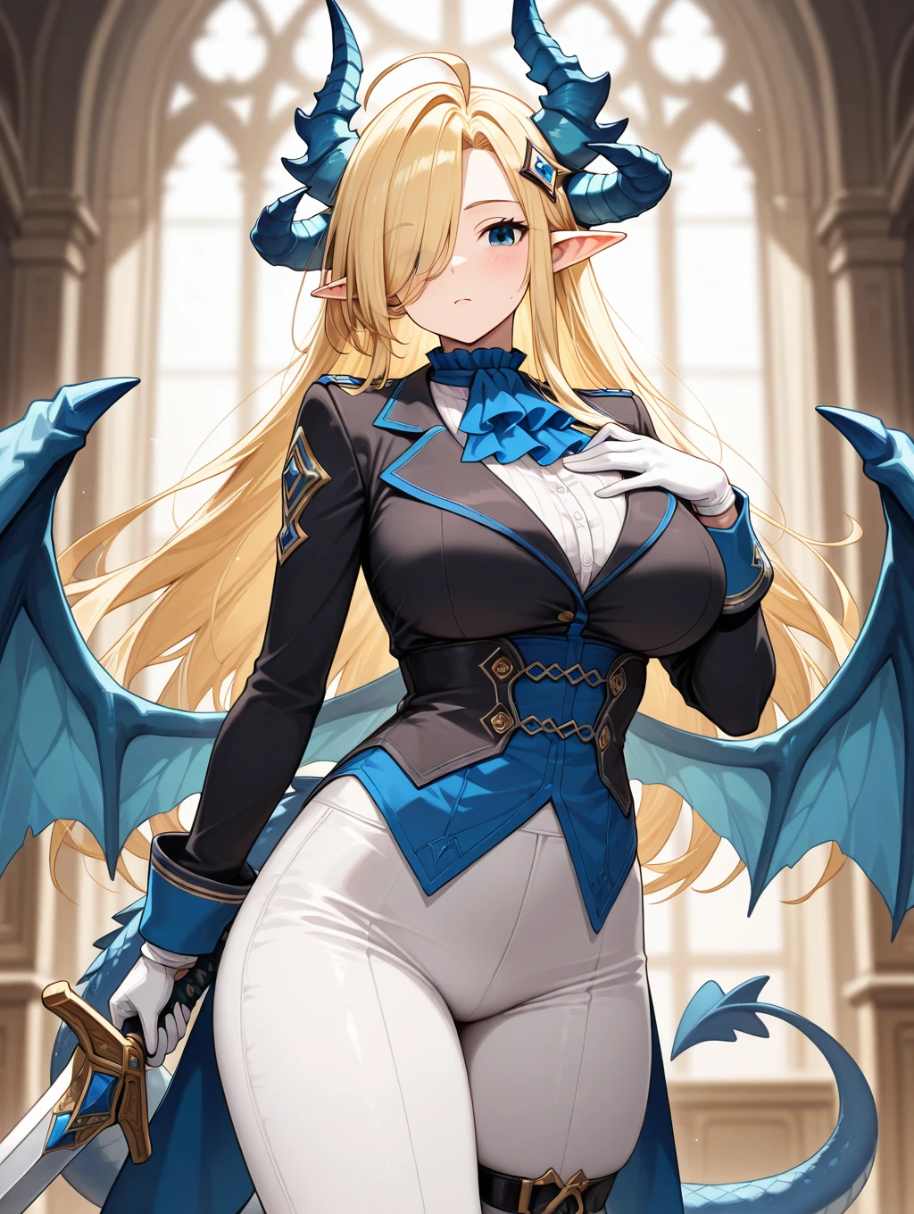 bianca, 1girl, solo, long hair, blue eyes, blonde hair, large breasts, hair ornament, gloves, holding, tail, weapon, ahoge, wings, horns, pointy ears, pants, sword, white gloves, holding weapon, hair over one eye, ascot, hand on own chest, dragon wings, blue horns

masterpiece, best quality,amazing quality, very aesthetic, absurdres, depth of field, blurry background, extremely detailed face, detailed eyes