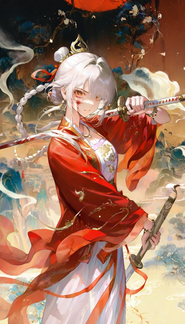 masterpiece, best quality, good quality, very aesthetic, absurdres, newest,   1girl, blood, blood on face, bracelet, braid, braided ponytail, fighting stance, floating hair, hair intakes, hair over eyes, holding, holding sword, holding weapon, hanfu, jewelry, long hair,necklace, orange eyes, serious, sidelocks, single braid, sword, weapon,white hair, long hair, hanfu, double hair bun, holding sword, planted sword, katana, hands on sword,chinese ink painting style, (chinese style:1.2)