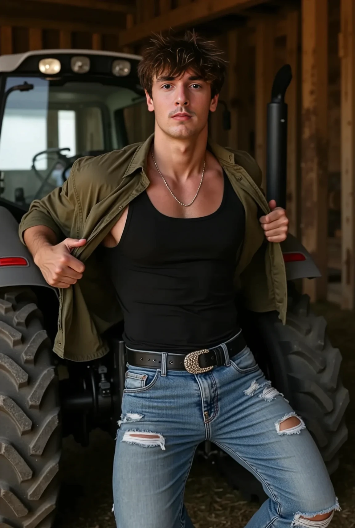 Bryce Hall. This photograph features Bryce Hall, he has short, dark brown hair styled in a messy, tousled manner. He has a muscular, athletic build with a defined chest and arms. He is standing against a tractor. He is wearing an open green work shirt, holding it open with his hands. And he is wearing a tight black tank top. He is wearing fitted denim jeans with a black belt and silver buckle.