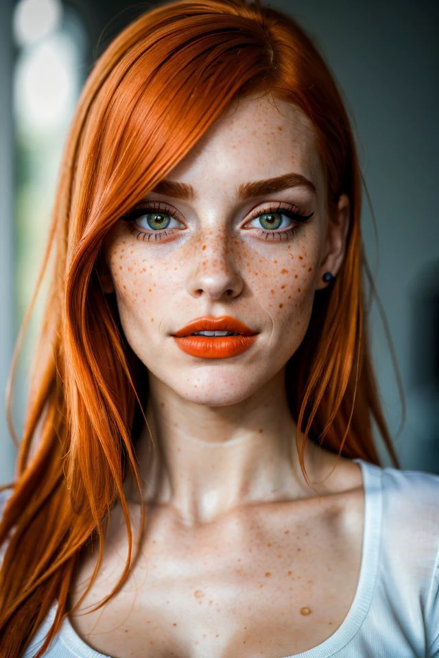 ((Portrait Photography)),(best quality, high quality, sharp focus:1.4), european beautiful woman, (orange hair:1.1), freckles, mode face, makeup, (light matt lipstick:1.1), look at the viewer, shirt, best quality, realistic , masterpiece, dark theme