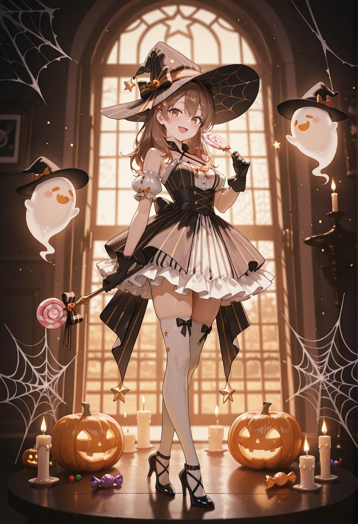 perfect quality,high quality,masterpiece,best quality,amazing quality,very aesthetic,Cinematic Lighting,newest,Tactical use of shadow,
MariyaMikhaylovna Cyql,1girl,solo,brown hair,long hair,hair ornament,brown eyes,
hat,witch hat,gloves,ghost,candy,thighhighs,striped headwear,black gloves,high heels,food,bow,black footwear,lollipop,holding,candle,dress,detached sleeves,white thighhighs,smile,frills,striped clothes,full body,star (symbol),criss-cross halter,hat bow,open mouth,looking at viewer,frilled dress,striped bow,puffy sleeves,vertical-striped clothes,polka dot,spider web,halloween,silk,:d,wand,holding wand,black bow,striped dress,hair ornament,halterneck,layered dress,black headwear,bare shoulders,witch,swirl lollipop,candy hair ornament,blush,shoes,cross-laced clothes,holding lollipop,
<lora:USNR STYLE_XL_loha:0.2>,usnr,<lora:suzukasuraimuILL:0.5>,<lora:illustrious_all_rated_v1:0.8>,<lora:Artist_style_Rella_-_Illustrious-XL_r1:0.2>,<lora:reij-rt:1>,suzukasuraimu,rella,<lora:Mariya Mikhaylovna_Illustrious by Cyql:1>,