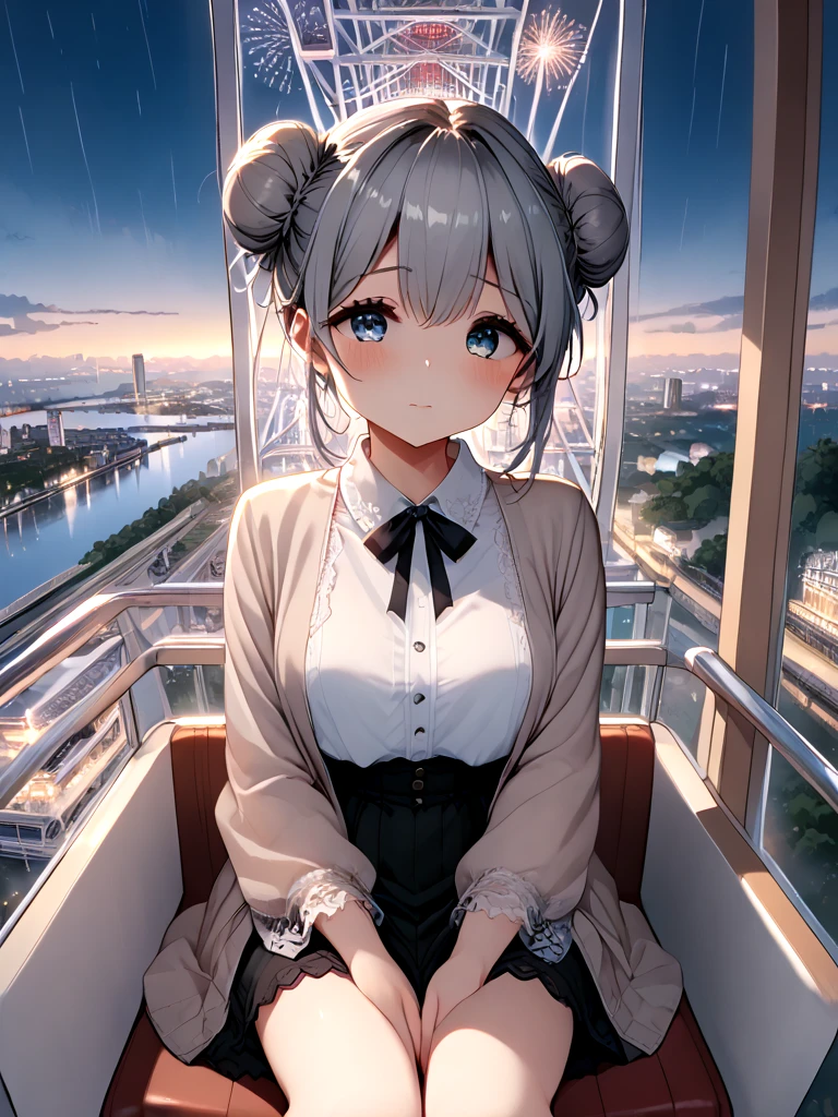 score_9, source_anime, ferris wheel interior, glass cabin interior, reflection, milf, 1girl, shy, sweat, grey hair, double bun, window, horizon, skyline, scenery, cityscape, amusement park, city, night, city lights, grey sky, raining, sitting on seat, <lora:girllikeferriswheel_pony:1>