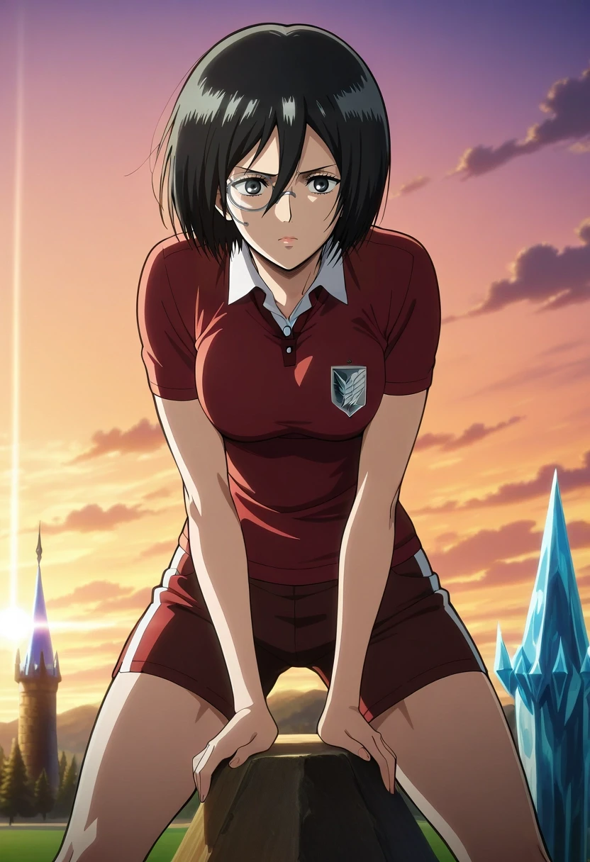 masterpiece, best quality, intricate details, anime screencap, anime coloring, official style, , , 1girl, solo, <lora:mikasa_ackerman_ilxl:0.98>, mikasa_ackerman, black hair, black eyes, hair between eyes, short hair, , , crystal spire, geometric patterns, light beams, floating platforms, climbing pose, determined expression, morning, Rugby shorts, Golf polo, , , Monocle