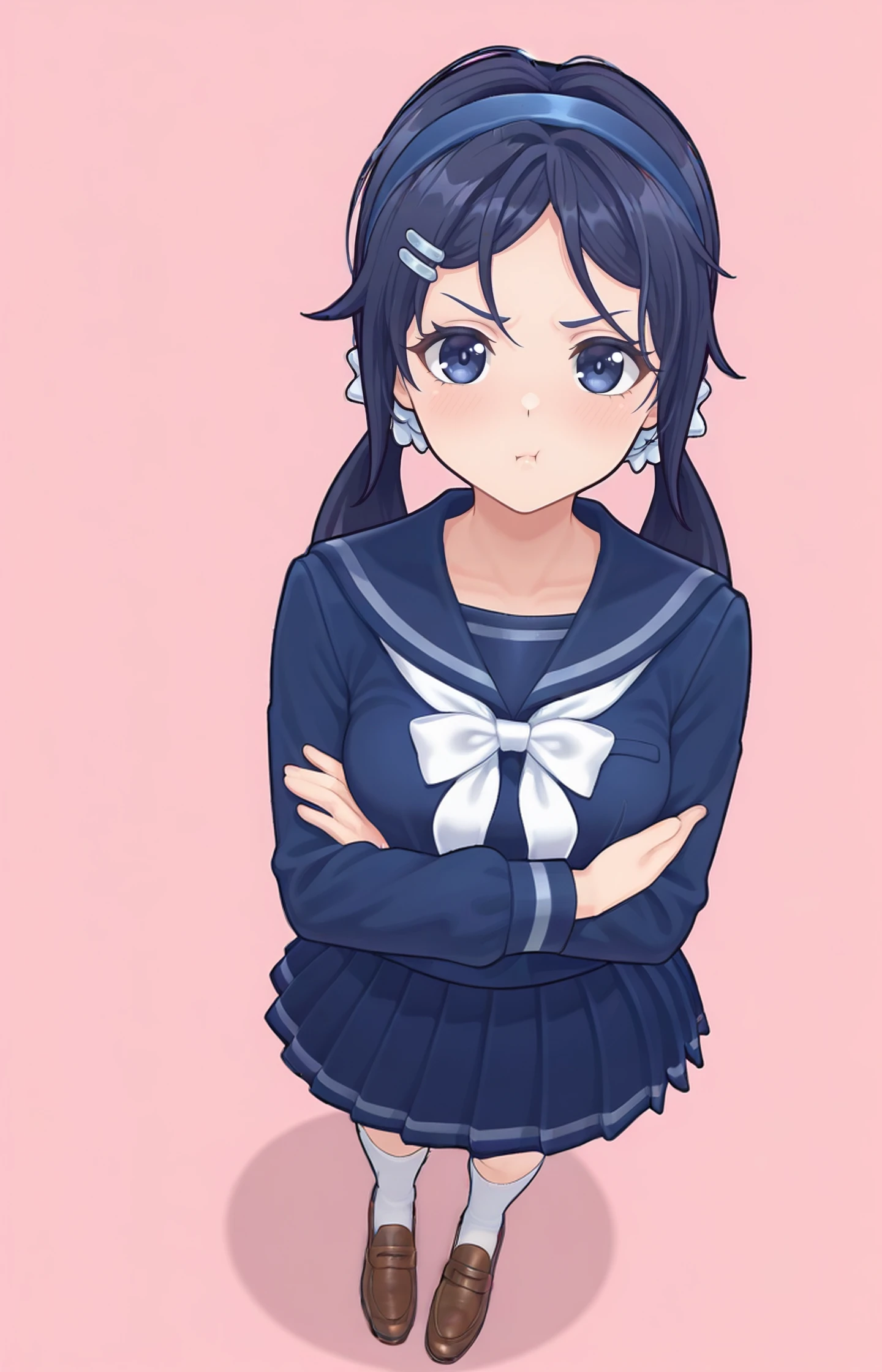 1girl,pout,blush,simple background,
<lora:add-detail-xl:1>,<lora:MitaOGV1:1>,1girl,blue hair,hair ornament,hairband,hairclip,blue hair,long hair,twintails,hair scrunchie,blue eyes,blue hairband,school uniform,low twintails,white socks,blue serafuku,brown footwear,loafers,long sleeves,blue sailor collar,hair ribbon,white bow,looking at viewer,Medium breast,Arms crossed,