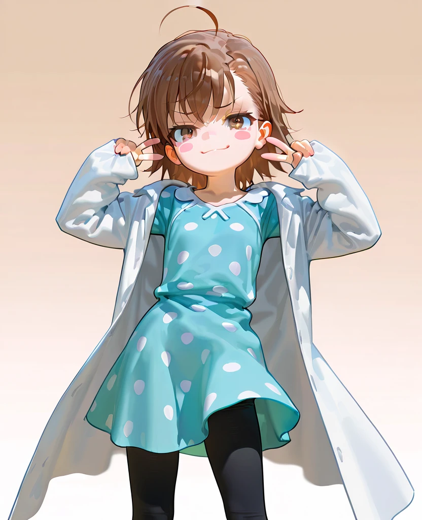 masterpiece, 1440p, 8k, UHD, amazing quality, high resolution, solo  <lora:Last_Order_Illustrious:1> 1girl, asymmetrical hair, blush stickers, brown eyes, brown hair, double v, misaka20001 last-order, blue dress, lab coat, long sleeves, sleeves past wrists, polka dot, short hair, gradient background, solo, toaru, black leggings, smug, x3