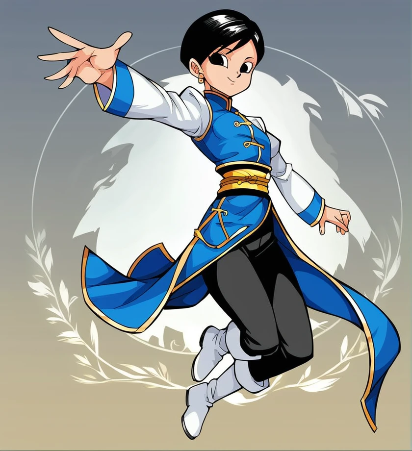 <lora:Viola_Dragon_Ball_Heroes:1> viola, short hair, earrings, black hair, black eyes, chinese clothes, black pants, white boots, white sleeves, best quality, masterpiece, detailed, 8K, uhd, (extremely detailed CG unity 8k wallpaper),(masterpiece), (best quality), (ultra-detailed), (best illustration), detailed face, skin pores, detailed skin, detailed eyes, high quality eyes, good quality hands, high resolution, great anatomy, score_9, score_8_up, score_7_up,