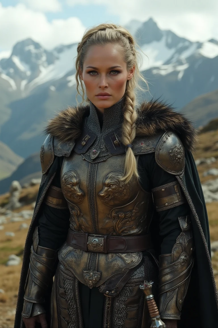 Create a hyper-realistic portrait of a regal woman inspired by the "Game of Thrones" aesthetic, but dressed in battle-ready attire. She stands in a windswept mountain pass, her armor gleaming under the muted sunlight. Her outfit combines elegance with practicality: a fitted leather cuirass adorned with intricate carvings of wolves and stars, layered over chainmail. A dark cloak with a fur-trimmed collar billows behind her, hinting at her noble lineage. Her blonde hair is tied back in a loose braid, with small strands framing her strong, determined face. She carries a finely crafted longsword at her side, its hilt encrusted with subtle gemstones. Her piercing gaze reflects both beauty and unyielding strength. The scene is detailed with rugged terrain, distant snow-capped peaks, and the faint howl of the wind, evoking an air of mystery and power,lilirflx