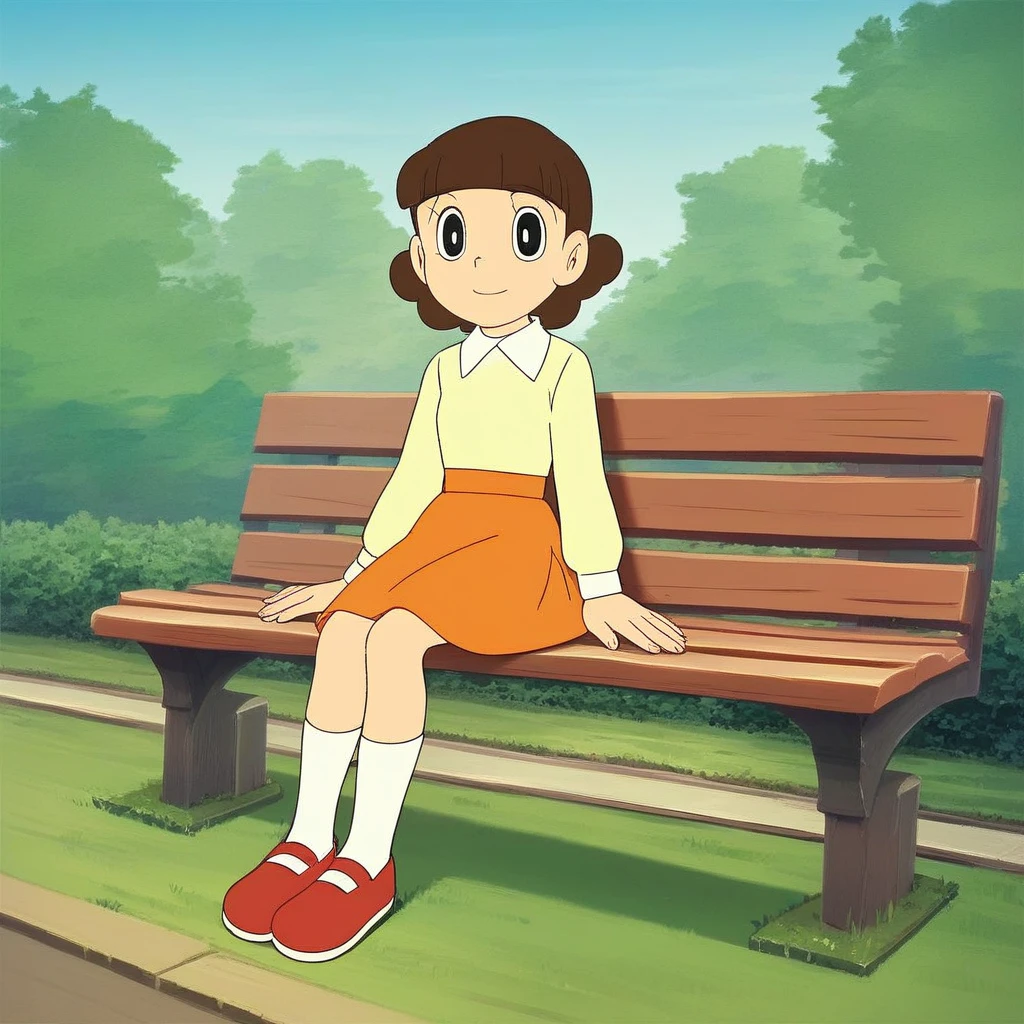 score_9, score_8_up, score_7_up, source_anime, prefect lighting, very aesthetic, intricate details, highly detailed background, high quality, perfect hands, best quality, female child, tachibana, doraemon, brown hair, curly hair with flat bangs, black eyes  light yellow blouse, white collared shirt, orange skirt, white socks, red shoes, sitting on bench, park, looking at viewer, smile, bush, tree, grass