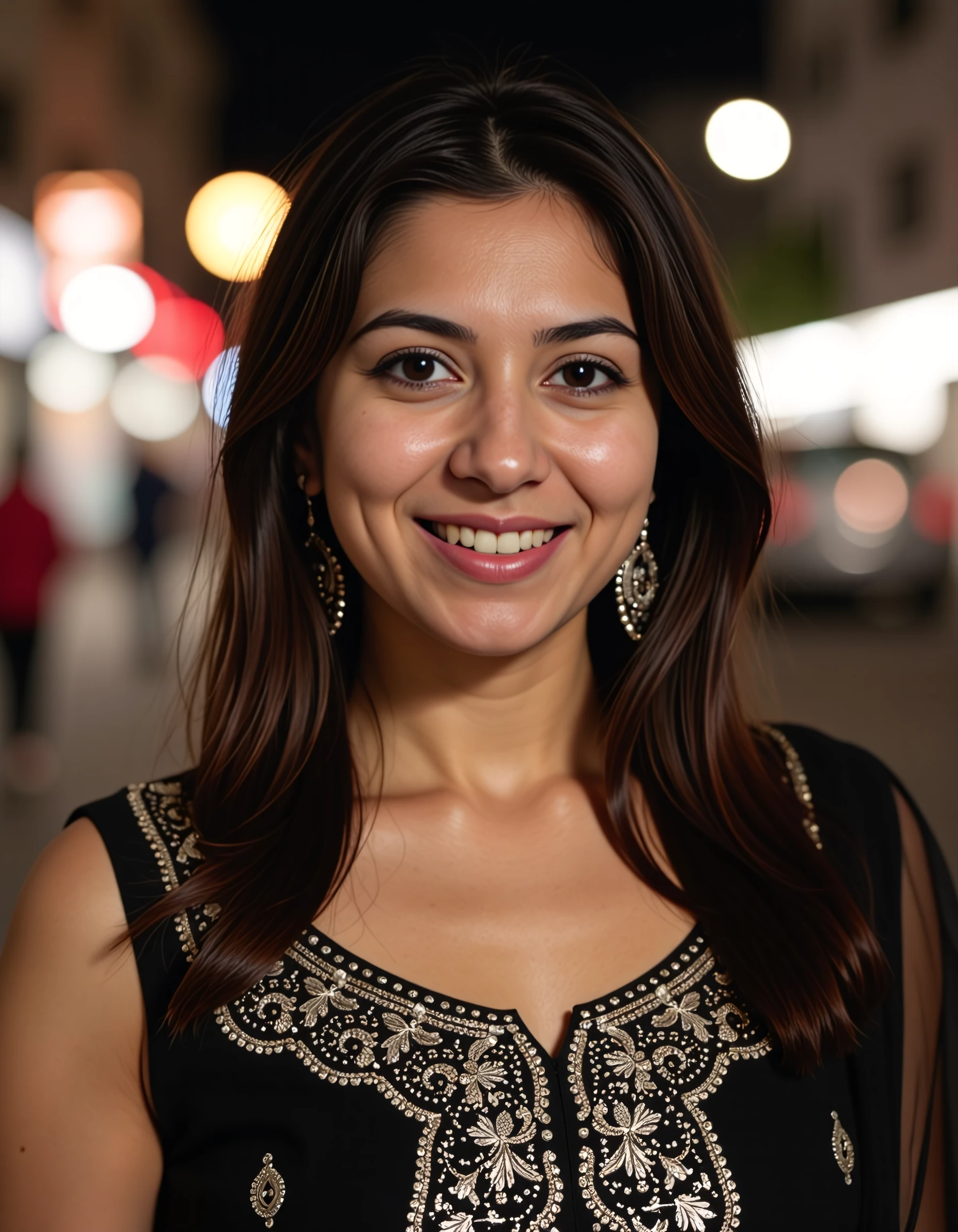 close_up photo of a well dressed desi_light woman, wearing dark-Silver colored Sharara Suit, happy,cat eyes black eyeliner,solo focus, city light in background bokeh <lora:Desi_Coffee_Flux_Kohya_LoHa_v2:0.8>âââ