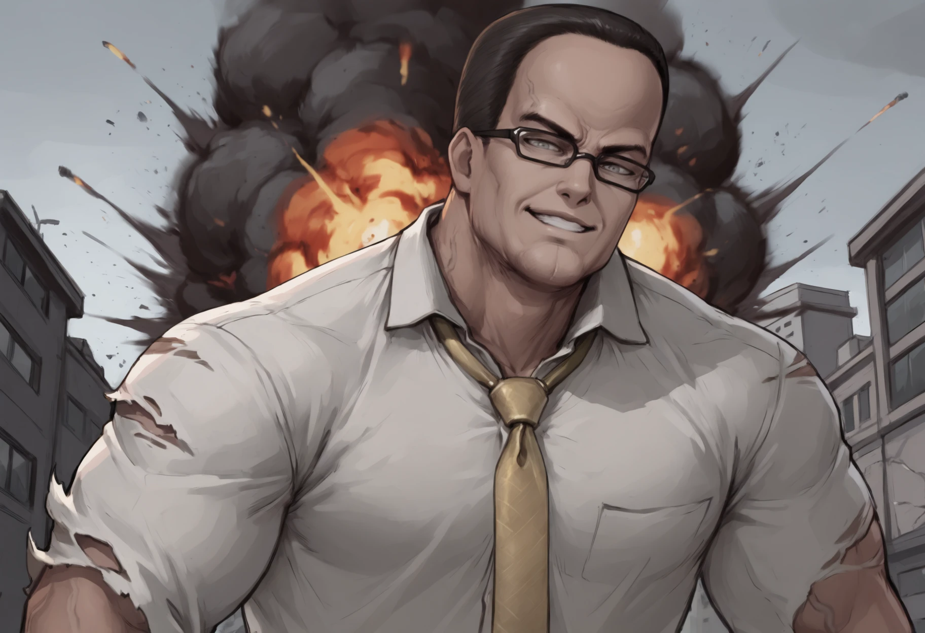 masterpiece, best quality, 1boy, grey eyes, buzz cut, black hair, very short hair, manly, mature male, double chin, black-framed eyewear, veins,
white shirt, torn clothing, torn shirt, yellow necktie,
looking at viewer, grin, serious,
outdoors, grey sky, day, building, fire, explosion, 
<lora:Senator-Armstrong-NoobAi-1.1_V1-Manityro-CAME:1.0>