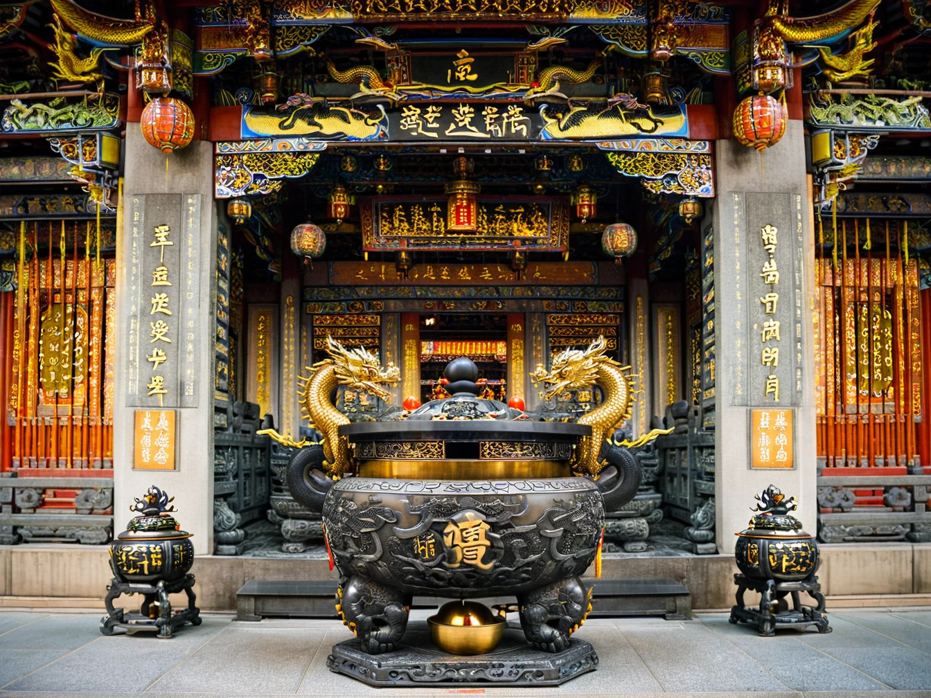 best quality, masterpiece, <(realistic:1.3), intricate details>, (((building))), photorealistic, ornate Taiwanese temple paifang, 
taiwanese_temple, <lora:dpys-taiwanese_temple_xl-000008:1>, 
a large black incense burner with a two symmetric golden dragon decoration on it's side in front of temple,