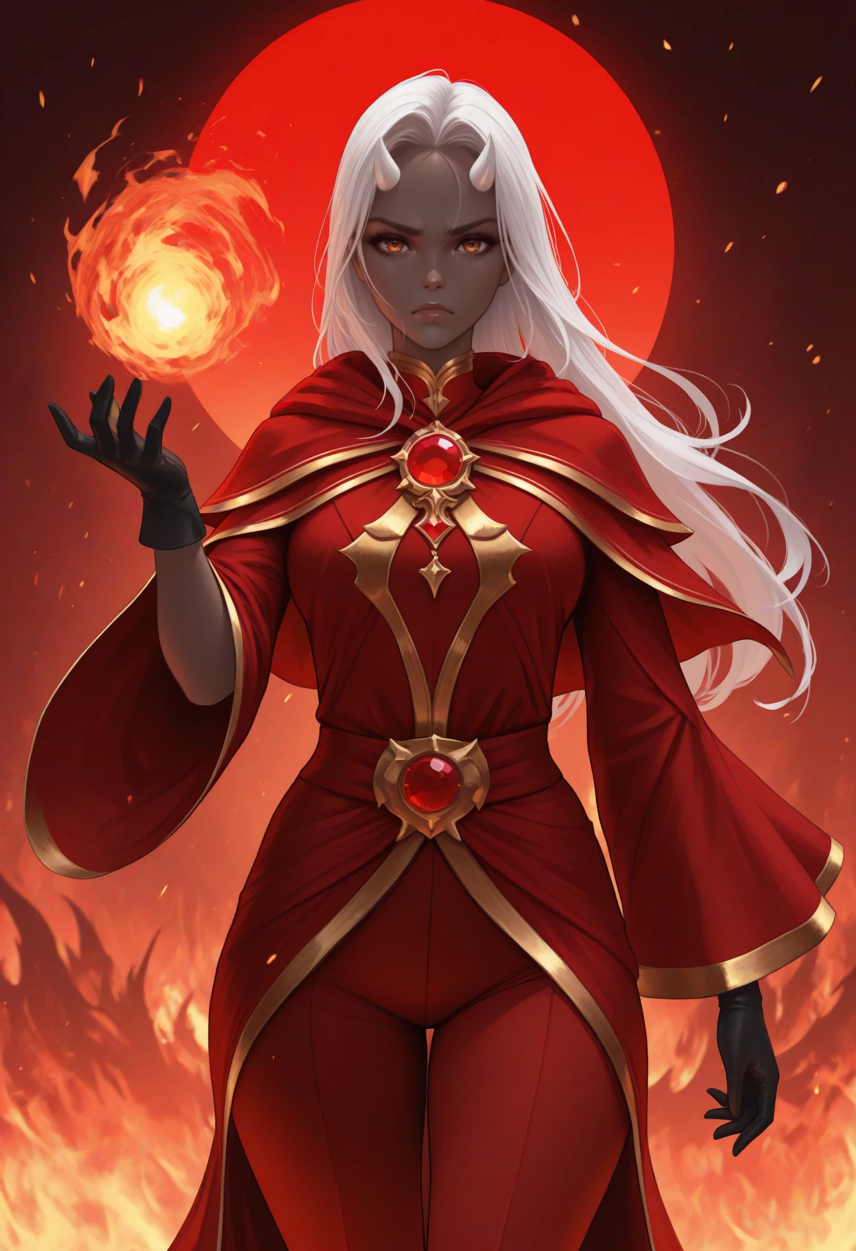 masterpiece, best quality, realistic, solo, 1girl, calamitas, dark-skinned female, serious, looking at viewer, standing, hand up, casting spell, fireball, long hair, white hair, white horns, red eyes, gold trim, red capelet, red robe, brooch, red gemstone, long sieeves, wide sleeves, black gloves, red pants, red background, hell, fire
<segment:yolo-Anzhc Face seg 640 v2 y8n.pt,0.4,0.5//cid=1> 1girl, calamitas, dark-skinned female, serious, looking at viewer