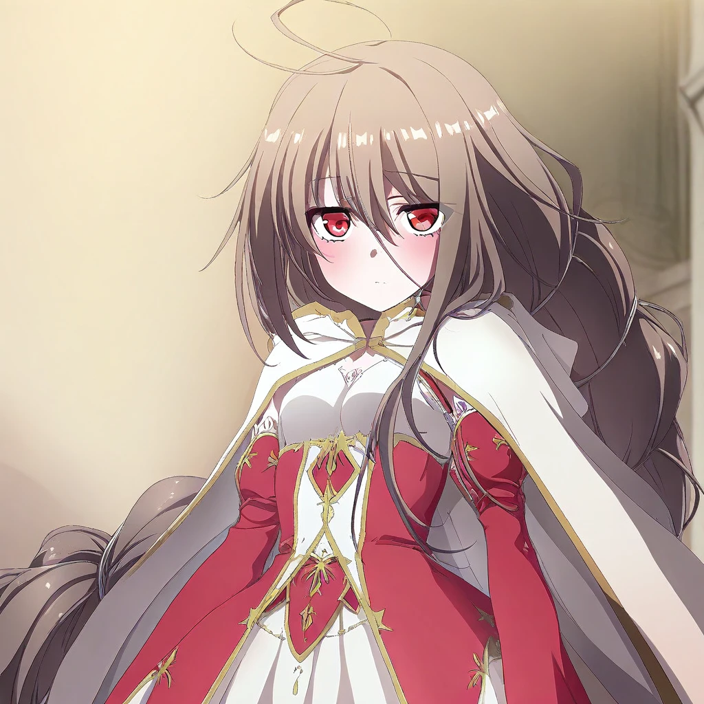 very awa,masterpiece, best quality, good quality,anime coloring, game_CG,1girl,Rosette_Savigny_DEEP_ONE,brown hair,long hair,red eyes,big braid,ahoge,white cape,red sleeves,detached sleeves,rosettedress,