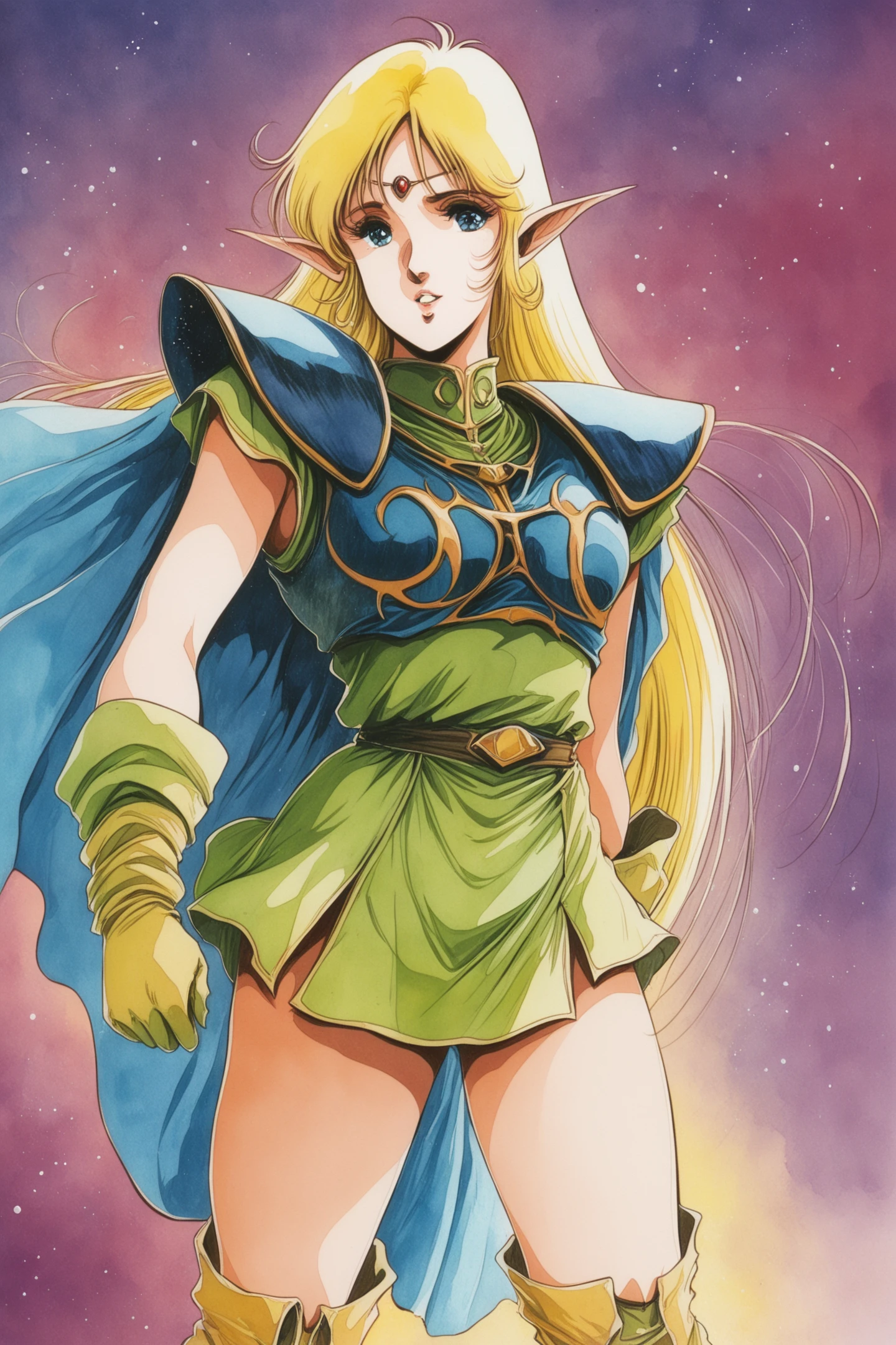 1girl,Deedlit,solo,pointy ears,long hair,blonde hair,gloves,elf,cape,blue cape,blue eyes,boots,circlet,very long hair,shoulder armor,parted lips,looking at viewer,retro artstyle,traditional media,watercolor \(medium\),1980s \(style\),standing,
<lora:Haruhiko Mikimoto_illustriousXL:0.8>,<lora:yuuki nobuteru_illustriousXL:0.3>,