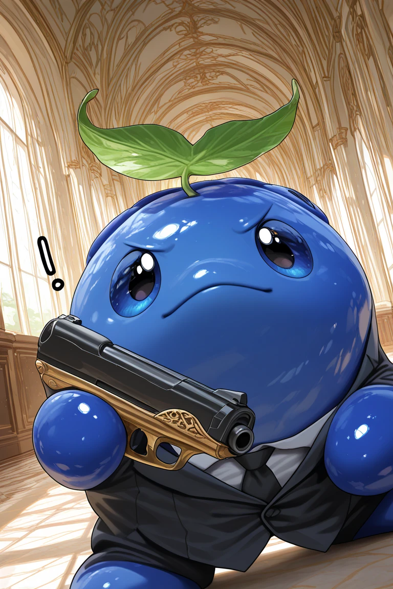 realistic shading, natural lighting, blueberry-creature focus, looking at another, serious expressive face, daberry, green_daberry_leaf on head, blue_daberry_hair, blue_daberry_eyes, 1blueberry creature, pokemon (creature), furrowed brows, holding gun, fighting stance, formal cosplay, suit, agent, day indoors hallway, dynamic angle, intricately detailed illustration, depth of field, masterpiece, best quality, amazing quality, very aesthetic, absurdres, newest, BREAK, exclamation mark