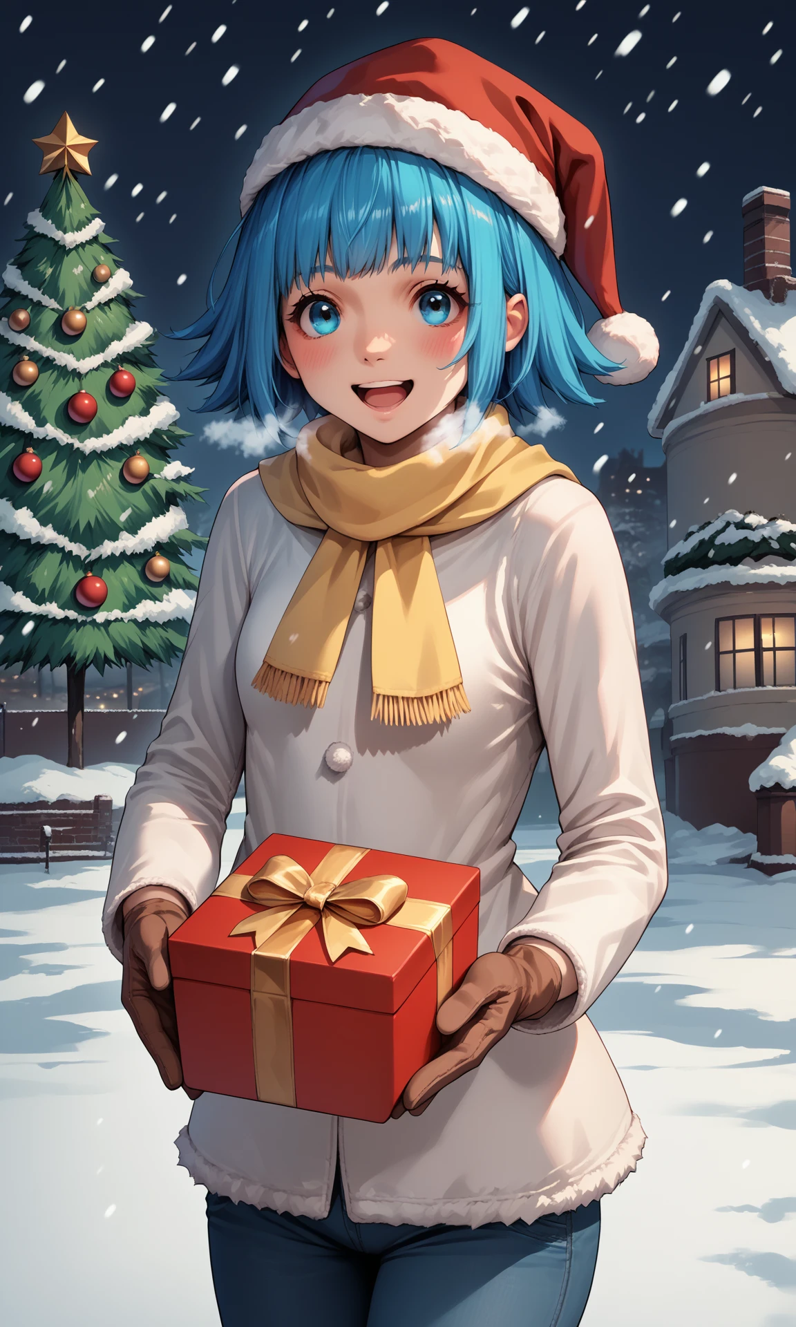 score_9, score_8_up, score_7_up, source_anime, cowboy shot, jovixd, 1girl, solo, blue hair, blue eyes, short hair, santa hat, white winter coat, fur trimmed coat, yellow scarf, pants, fur-trimmed gloves, smile, open mouth, cold breath, holding gift box, incoming gift, outstretched arms, outdoors, snowing, christmas tree, day, park, blush, facing viewer,  looking at viewer