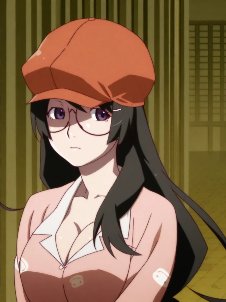 <lora:Hanekawa_Tsubasa_Illustrious:1>
1girl,
hanekawa tsubasa,
monogatari \(series\),
8k, absurdres, high quality, masterpiece, anime screencap,
long hair, purple eyes, black hair, glasses, 
upper body, pink pajamas, cleavage, large breasts, orange cabbie hat,