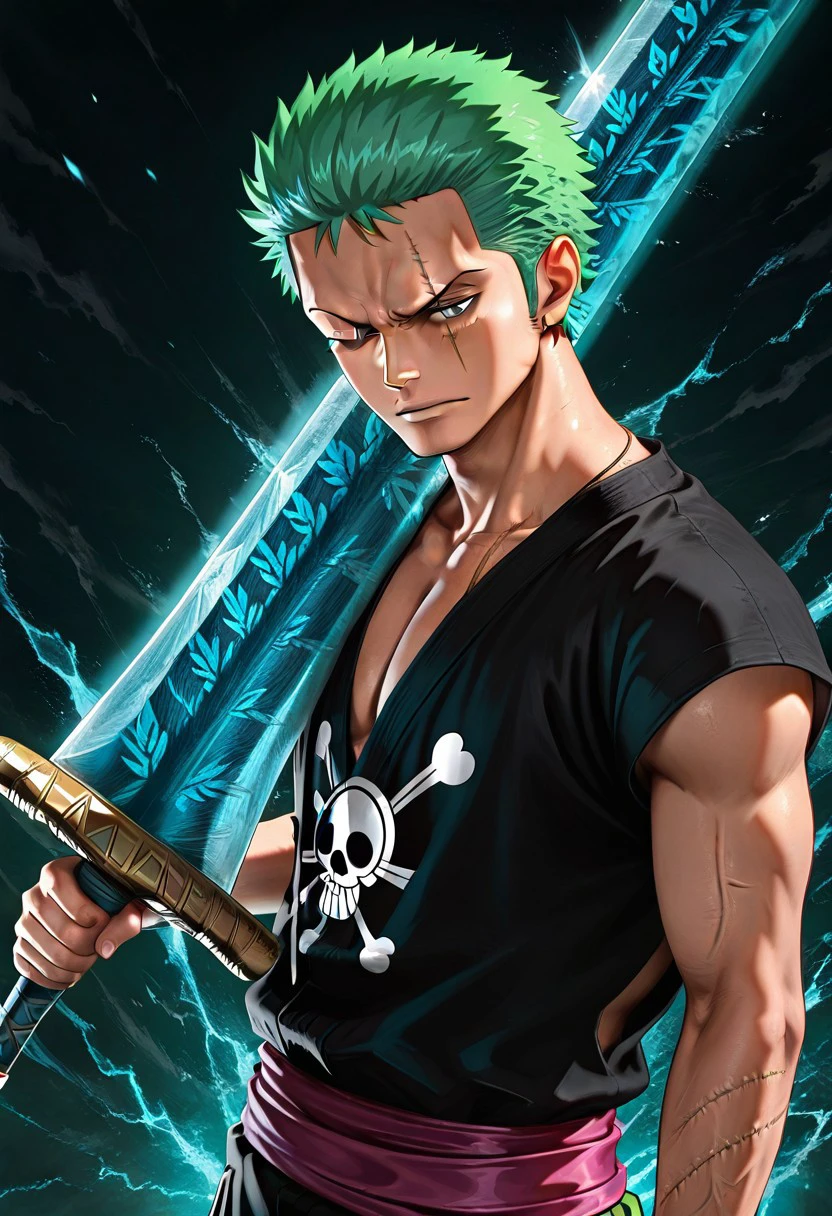 masterpiece, best quality, newest, absurdres, highres, anime, anime style, DarkMoonGreatSword-IL.V1.0, weapon, sword, holding weapon, holding sword, holding 1boy, Zoro /(one piece/), green hair, one closed eye, one eye open, scar over eye,