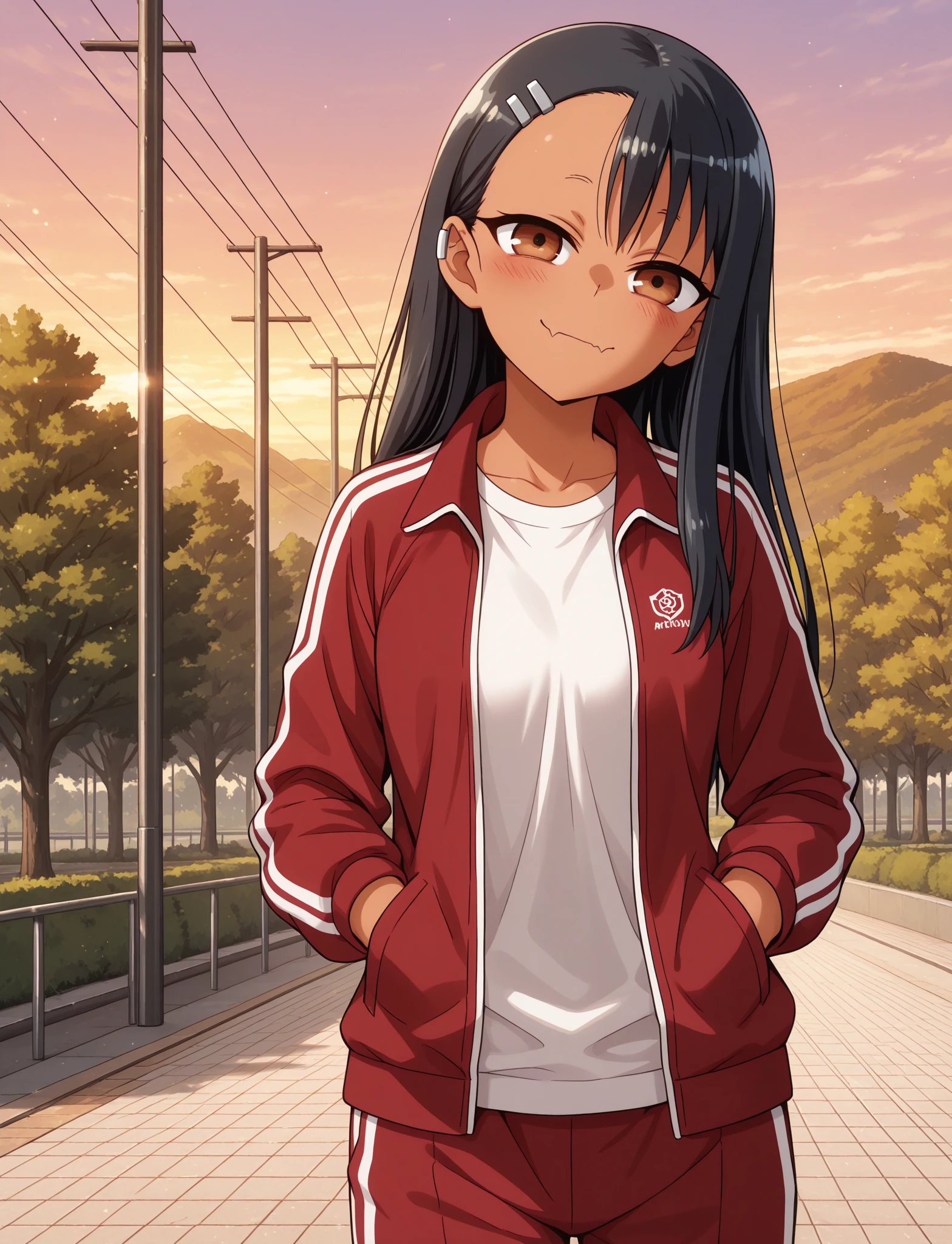 masterpiece, best quality, very aesthetic, 1girl, solo, <lora:nagatoro-multi-outfit_ILL_epoch_10:1.0>
nagatoro hayase, brown eyes, dark-skinned female, tan, black hair, hairclip, earclip, hair ornament, long hair, skin fang, 
outfit-red-tracksuit, white shirt, track jacket, jacket, red track suit, pants,
outdoors, hands in pockets, head tilt, closed mouth, park, sunset, looking at viewer, open jacket