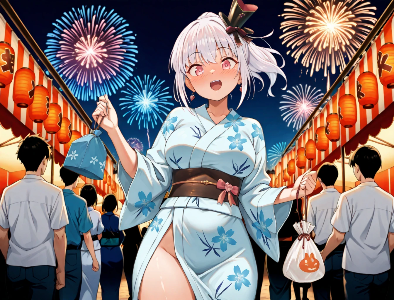 One Woman、 (((dark skin))), Beautiful silver hair、((((Very short hair))))、French braids、skyblue eyes、small eyes, ((tsurime)), Beautiful Eyes、(hair band)、(((Blunt bangs))), ((Medium Chest)), 24-years-old、Tight waist, night、Fireworks display、Japanese Festivals、((Pink long-sleeved kimono))、Long flower hair ornament、Eat cotton candy、Cowboy Shot、panties、squatting, spread legs、blush、smile、Shallow depth of field、