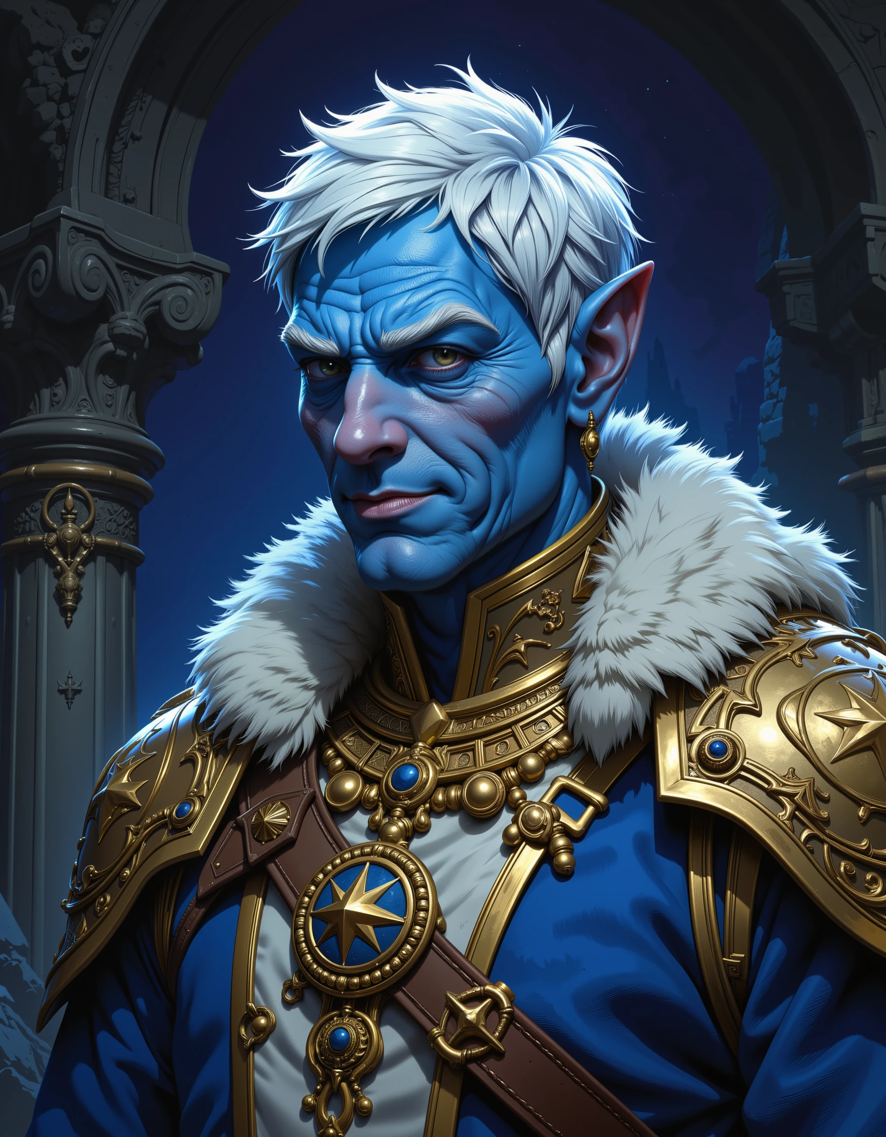 Dungeons and Dragons Illustrated portrait of a blue skinned short elf male with white hair. It lives in a dark cavern. There is a city deep within the cavern. The Small cave elf is smiling, wearing royal clothing. insane detail. artistic masterpiece. depth of field, detailed shading. Masculine, Adult. Scruffy Male. Short hair. Lots of golden jewelry. Royalty. Older. manly.