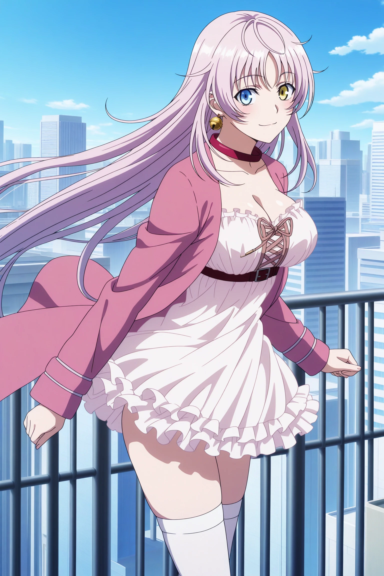 masterpiece, best quality, amazing quality, highres, absurdres, very aesthetic, high resolution, ultra detailed, perfect details, 1girl, solo, outdoors, city, skyscraper, rooftop, blue sky, neko (k-project), very long hair, pink hair, sidelocks, choppy bangs, heterochromia, blue eyes, yellow eyes, bell earring, red collar, white dress, frilled dress, cross-laced clothes, chest belt, underbust, pink jacket, white thighhighs, anklet, pink footwear, strappy heels, <lora:Neko_ILXL:0.8>, (aged up:1.5), (feet out of frame:1.1), (anime coloring:1.2), (anime screencap:1.2), looking at viewer, smile, closed mouth, (:3), from side, wind, floating hair