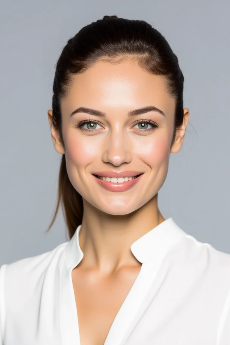 High quality realistic beauty shot of olgaflx. A close-up shot of a woman. She is wearing a white blouse. Her hair is pulled back. The backdrop is a light gray. She is giving a beautiful smile.