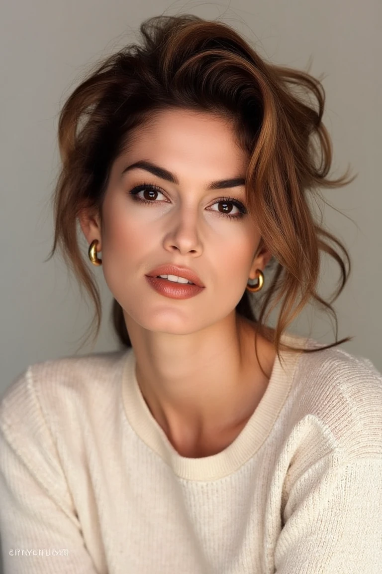 "A clean, minimalist portrait of cindycflx, a confident woman with striking eyes and a calm expression. She is wearing a light-colored sweater and gold hoop earrings that add a subtle touch of elegance. Her hair is volumnous and tousled. The soft, diffused lighting highlights her flawless skin and natural beauty, while the neutral background emphasizes her serene and sophisticated demeanor."