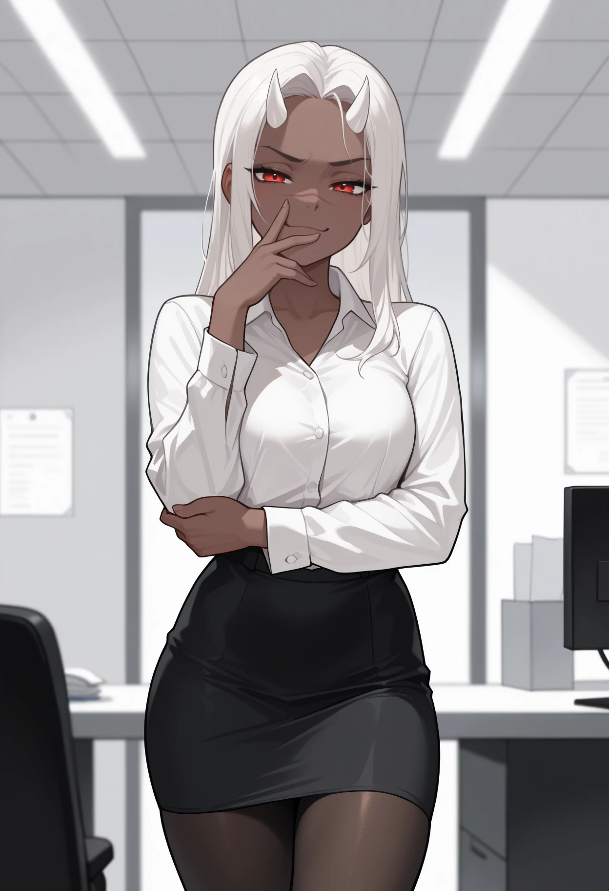 masterpiece, best quality, solo, 1girl, calamitas, dark-skinned female, scar on nose, smug, looking at viewer, standing, hand on own elbow, hand on own face, long hair, white hair, white horns, red eyes, office lady, white shirt, collared shirt, long sleeves, black skirt, pencil skirt, black pantyhose, indoors, office, cubicle
<segment:yolo-face_yolov8m.pt,0.4,0.5//cid=1>