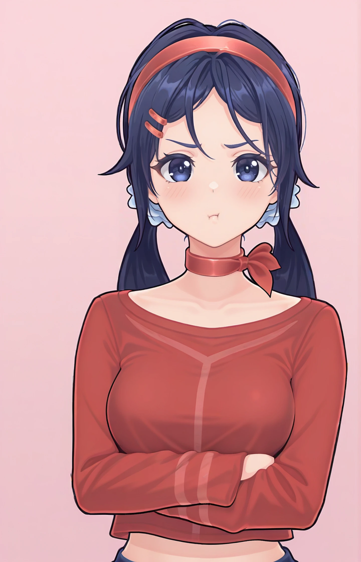 1girl,pout,blush,simple background,
<lora:add-detail-xl:1>,<lora:MitaOGV1:1>,1girl,blue hair,hair ornament,hairband,hairclip,blue hair,long hair,twintails,hair scrunchie,blue eyes,red hairband,red collar,red shirt,long sleeves,crop top,solo,jewelry,choker,ribbon choker,looking at viewer,Medium breast,Arms crossed,