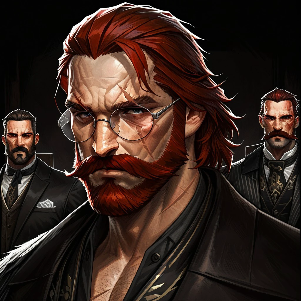 masterpiece, best quality, newest, absurdres, highres, Cedric-Peyravernay-D4/Dishonored-Art-V1.0, 1boy, glasses, red hair, suit, round glasses, beard, facial hair, mustache, scar, scars on face