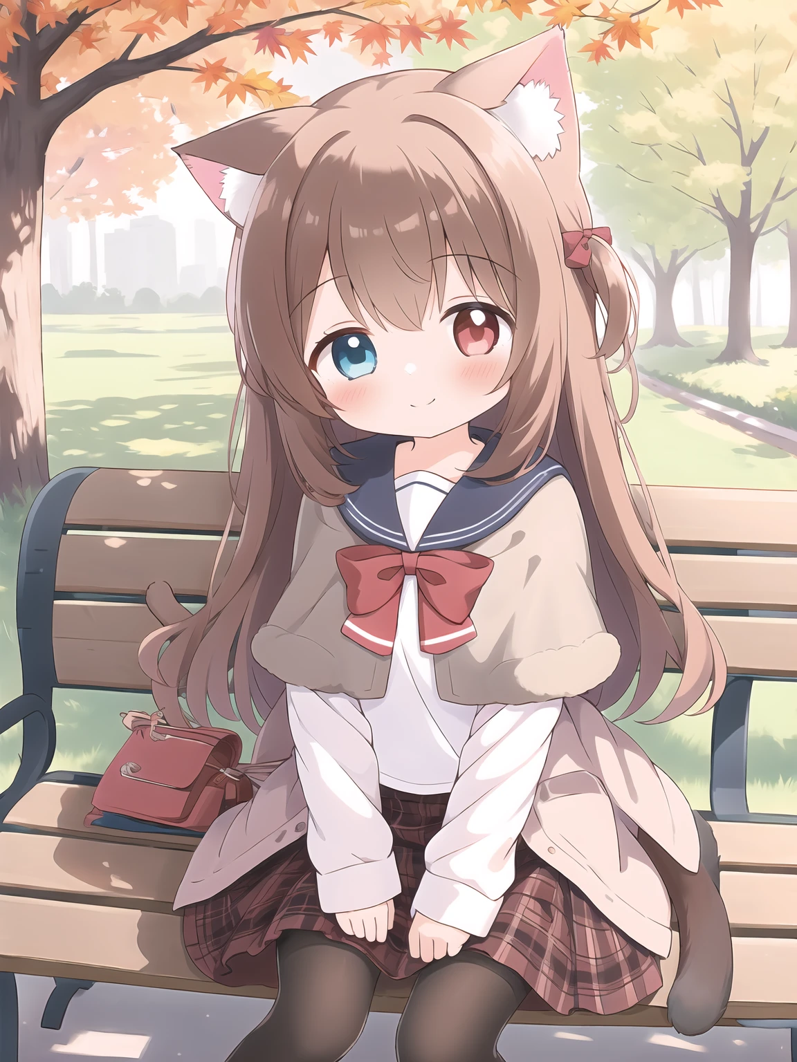 1girl,animal ears,pantyhose,blue eyes,skirt,smile,heterochromia,red eyes,plaid,cat ears,solo,animal ear fluff,sitting,shirt,bench,black pantyhose,long hair,tree,capelet,frills,frilled skirt,autumn leaves,bow,on bench,looking at viewer,autumn,outdoors,long sleeves,blush,cat girl,brown hair,feet out of frame,plaid skirt,brown shirt,park bench,sailor collar,closed mouth,brown bow,<lora:Animation illustration style supplementary model-V2.0-SD1.5-Lora-2024.12.27-version1-000042:0.5>,