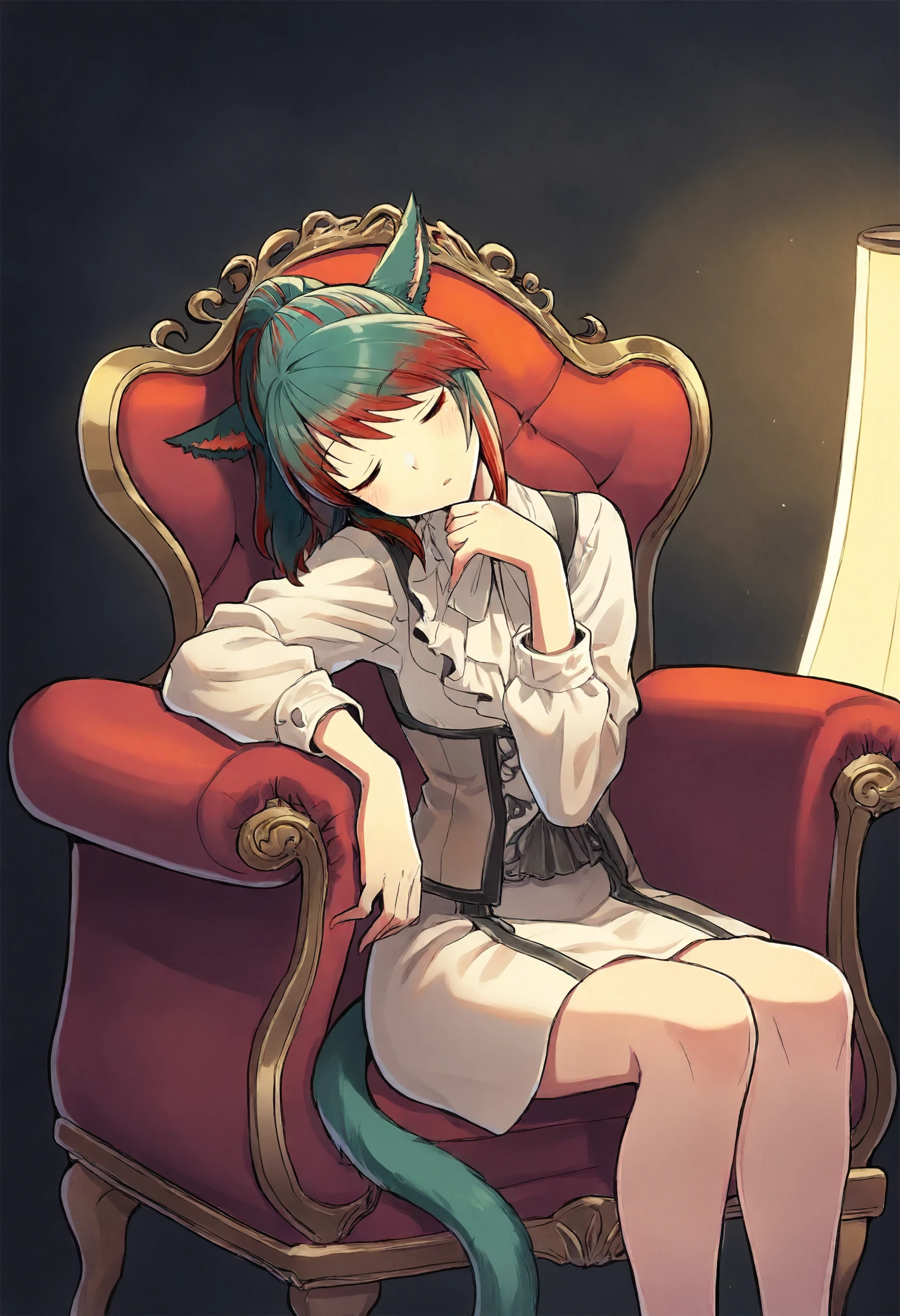 masterpiece, best quality, newest, absurdres, highres,1girl, solo, miqo'te, green hair, red hair, ponytail, short hair, siriha, two-tone hair, tail, sitting, head tilt, sleeping, closed eyes, chair, volumetric lighting, armchair, paintings, head rest, stylish, artistic
<lora:miqote siri (Illustrious) v1:1>