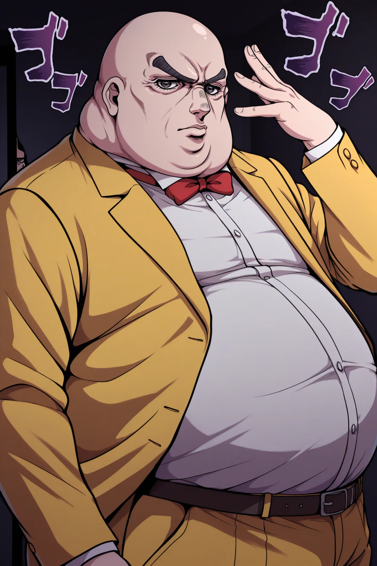 masterpiece, best quality, 1boy, solo, male focus, <lora:p5principal-illu-nvwls-v1-000006:1> p5principal, obese, fat man, bald, black eyes, thick eyebrows, yellow jacket, formal, white shirt, red bow tie, belt, yellow pants, dark room, menacing, shadowed face, looking at viewer, araki_hirohiko_(style), jojo pose, hand up