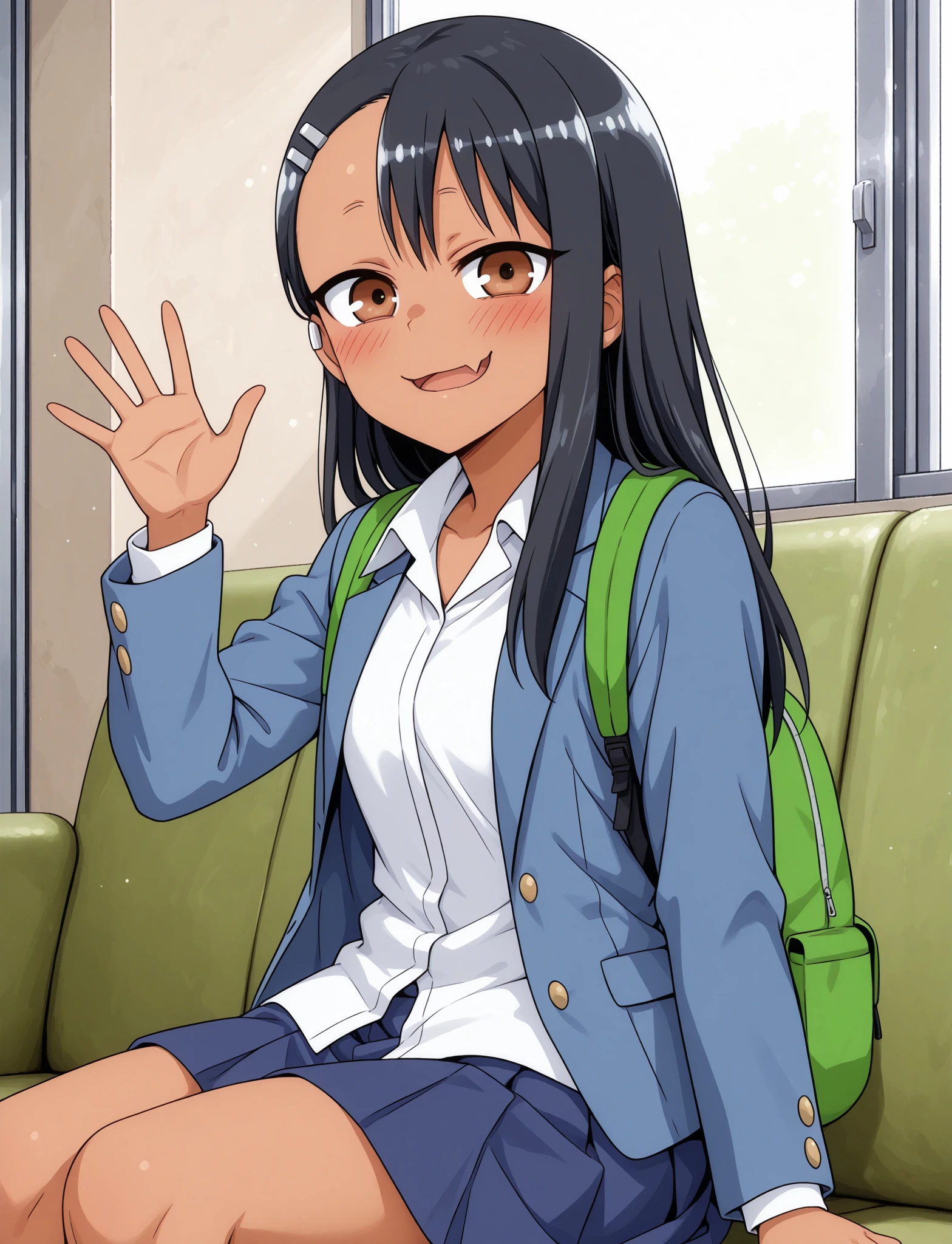 masterpiece, best quality, very aesthetic, 1girl, solo, <lora:nagatoro-multi-outfit_ILL_epoch_10:1.0>
nagatoro hayase, brown eyes, dark-skinned female, tan, black hair, hairclip, earclip, hair ornament, long hair, skin fang, 
outfit-school-jacket, shirt, school uniform, jacket, skirt, 
backpack, green bag, sitting, couch, waving, looking at viewer, white shirt, blush, parted lips,