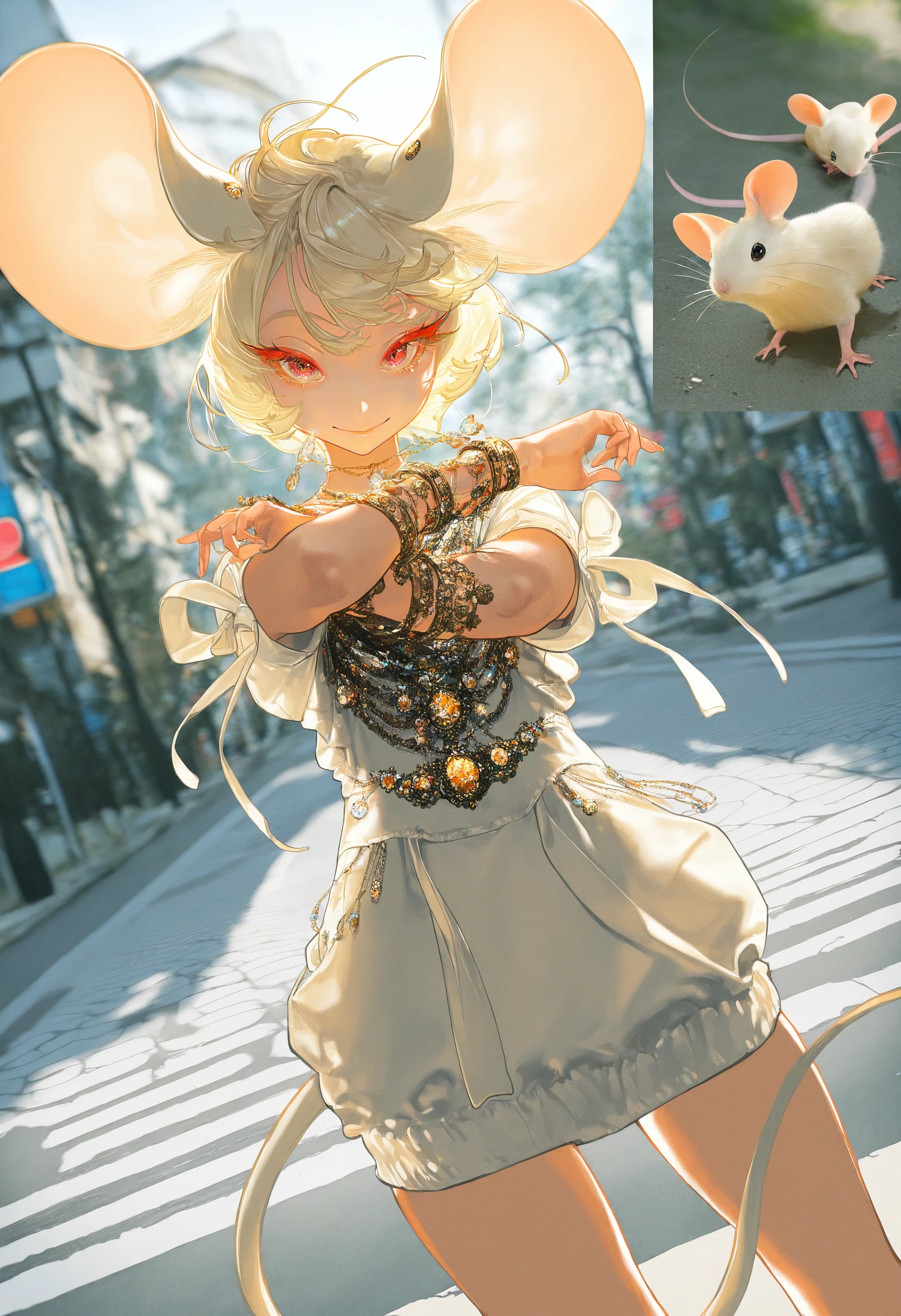 reference inset, reference \(mouse\),
by [diyokama|say hana|yoneyama mai|lam],
1girl, personification, creature and personification, dynamic pose, dutch angle,
cowboy shot, facing viewer, looking at viewer, smile, long eyelashes, colored eyelashes,
outdoors, scenery, backlighting, jewelry, street fashion,
masterpiece, best quality, very awa, absurdres
<lora:noobai_epred_11_reference_inset_concept_v1:1>