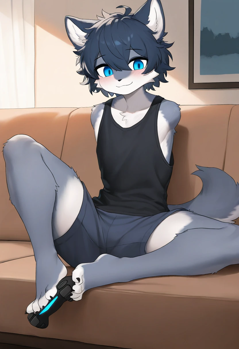 masterpiece, best quality, newest, absurdres, highres, mammal, anthro, furry, kemono, 1boy, solo, cute, blue eyes, messy hair, grey fur, short hair, armless, smile, tank top, wolf, shorts, barefoot, indoors, living room, using controller with feet,  <lora:armless_noobs_90_a_r16_fp16:1>