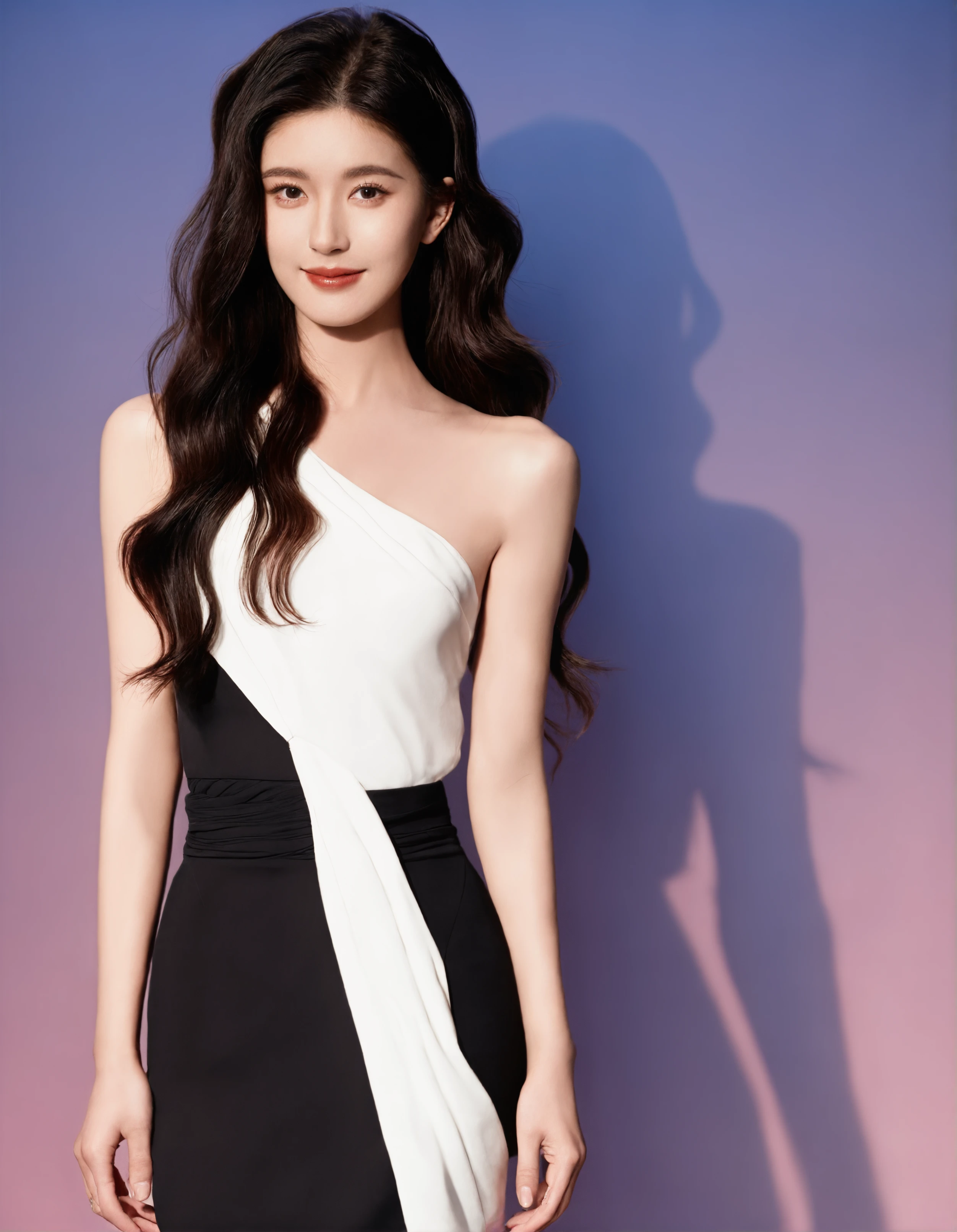 score_8_up,ZHAOLS,medium shot,front view,this image features a woman standing in studio,looking at viewer,
She has long, wavy black hair and is wearing a stylish one-shoulder top that is white, with a draped design, paired with a voluminous black skirt. Her expression is thoughtful and serene, highlighting her delicate facial features. The makeup is subtle yet refined, with a focus on soft pink tones that complement her complexion, along with light blush and red lips,
The background is studio settings, Soft,even lighting enhances her facial features, casting no harsh shadows, thus creating a serene and sophisticated atmosphere. Her overall appearance suggests poise and grace, with the simplicity of the background emphasizing her presence.