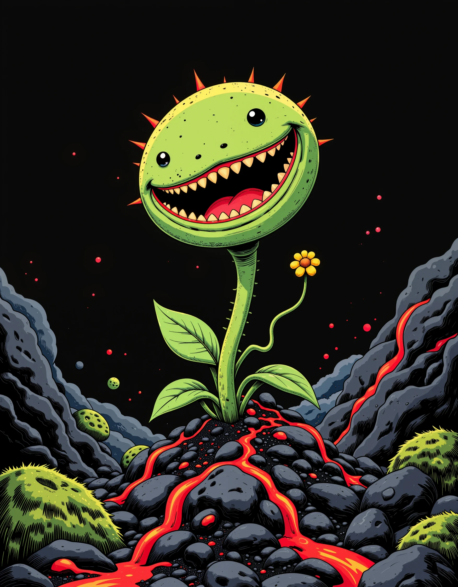 Artsy illustration style. A Happy Little carnivorous plant. The plant lives in hell. Black obsidian stone and lava flows are in the background.