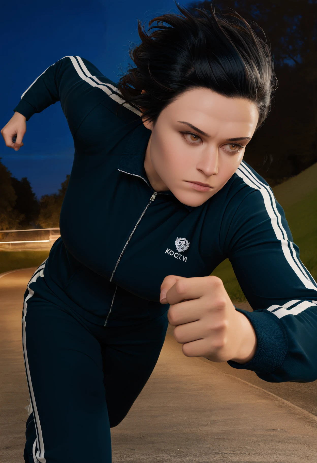 masterpiece, best quality, newest, absurdres, highres, realistic, photorealistic, outdoors, night, closed mouth, serious, 1girl, solo, kaotybirhdn, black hair, short hair, brown eyes, black track suit, long sleeves, running, foreshortening, dynamic pose, 
<lora:Katy OâBrian:1>