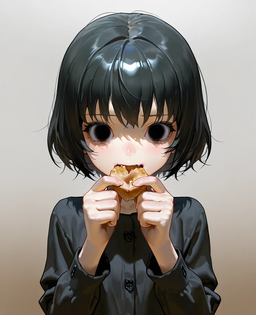 masterpiece, 1440p, 8k, UHD, amazing quality, high resolution, solo <lora:Six_Little_Nightmares_Illustrious:1> 1girl, black hair, short hair, cat, gradient background, horror \(theme\), jumper, six, solo, upper body, eating fry