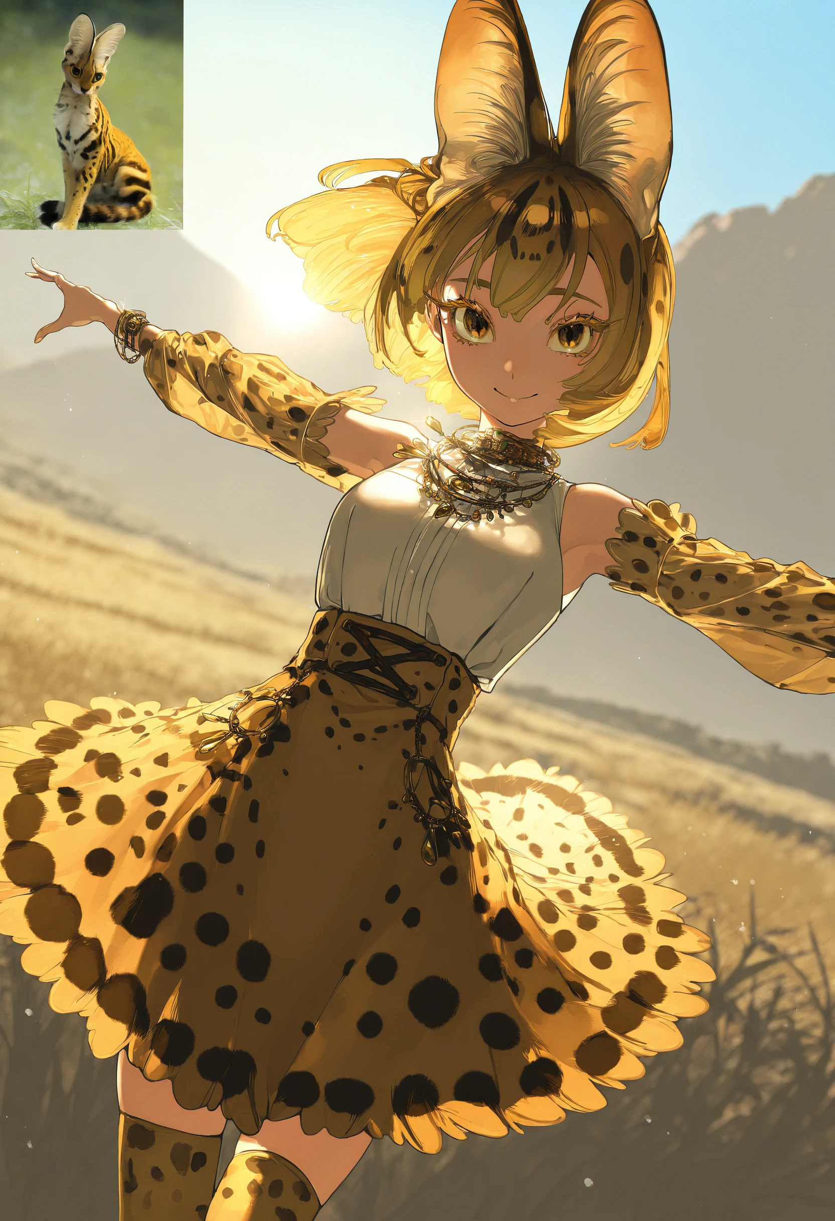 reference inset, reference \(serval\),
by [diyokama|say hana|yoneyama mai|lam],
1girl, personification, creature and personification, dynamic pose, dutch angle,
cowboy shot, facing viewer, looking at viewer, smile, long eyelashes, colored eyelashes,
outdoors, scenery, backlighting, y2k fashion, jewelry,
masterpiece, best quality, very awa, absurdres
<lora:noobai_epred_11_reference_inset_concept_v1:1>