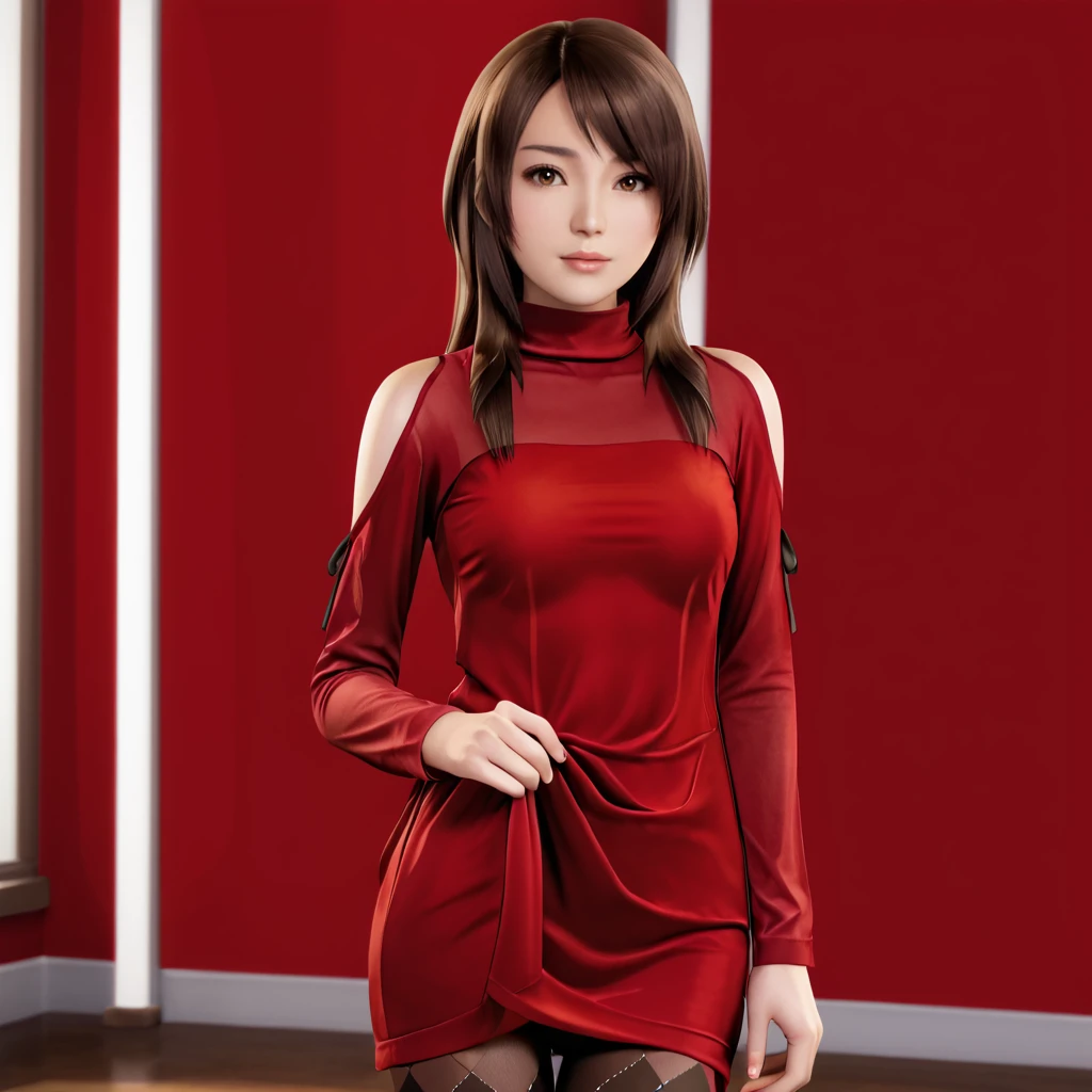 <lora:yurifatalframe_pony_v1:.7>  YuriFatalFrame, 1girl,  lips, brown eyes, brown long hair, cowboy shot,  <lora:0965 Home wear 12_v1_pony:1> ruanyi0965,red dress,short dress,black pantyhose,argyle legwear,turtleneck,dress lift,bottomless,long sleeves