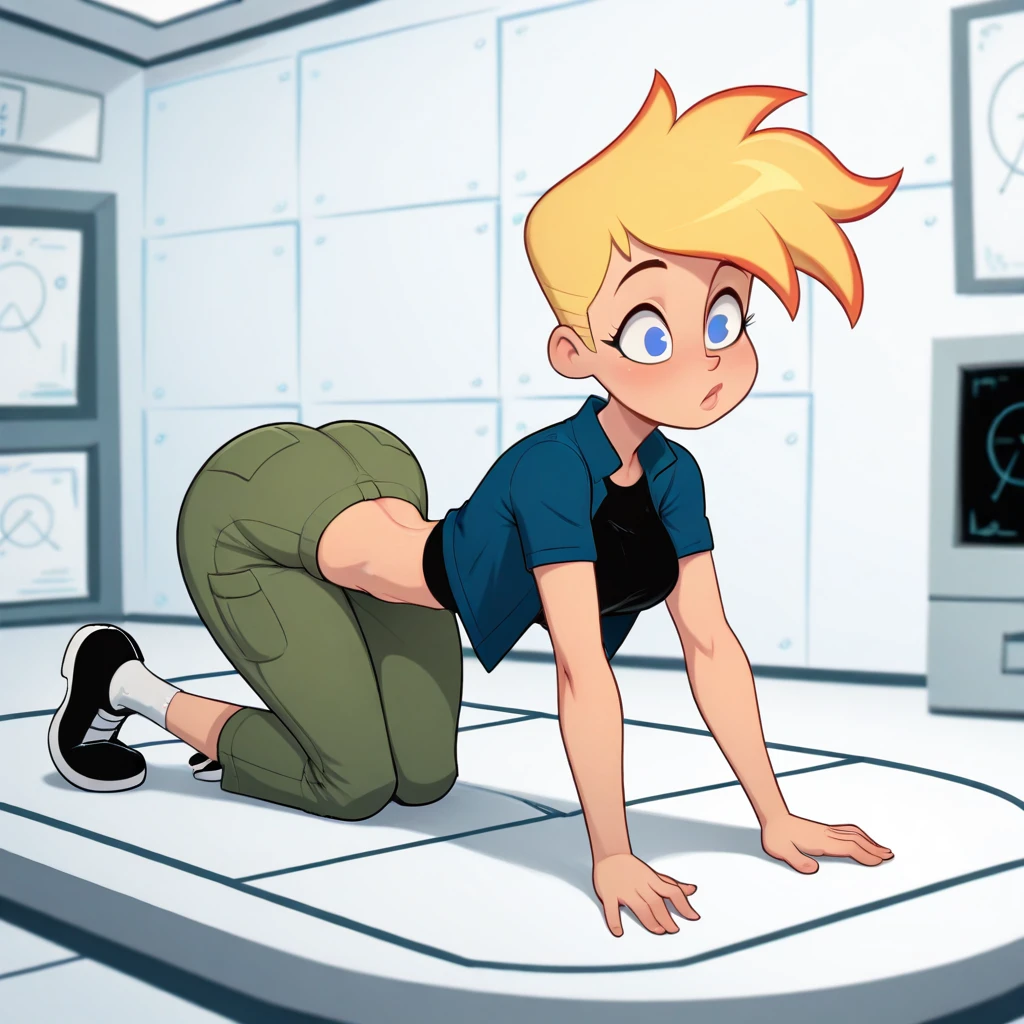 masterpiece, best quality, jennyTest, 1girl, solo, blonde hair, blue eyes, black shirt, blue jacket, short sleeves, midriff, pants, white socks, black footwear, <lora:JennyTest_illustrious_Leaf6:1>, indoors, laboratory, all fours,