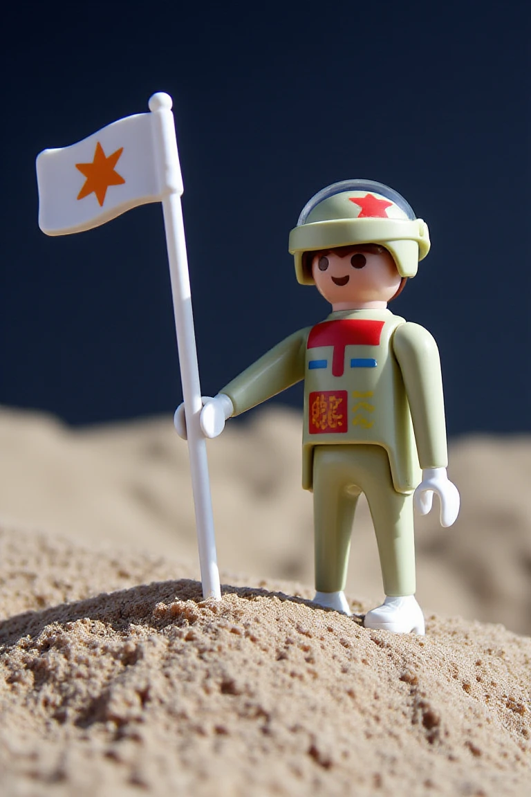 playmobil. A lone figure in a space suit planting a flag on an alien world.
